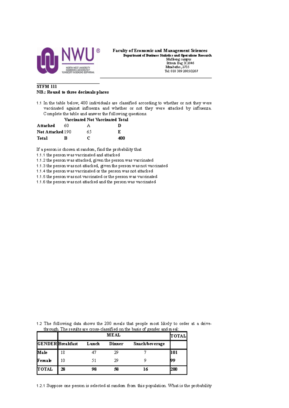STFM111 Probability Exercises on Vaccination and Meal Choices - Studocu