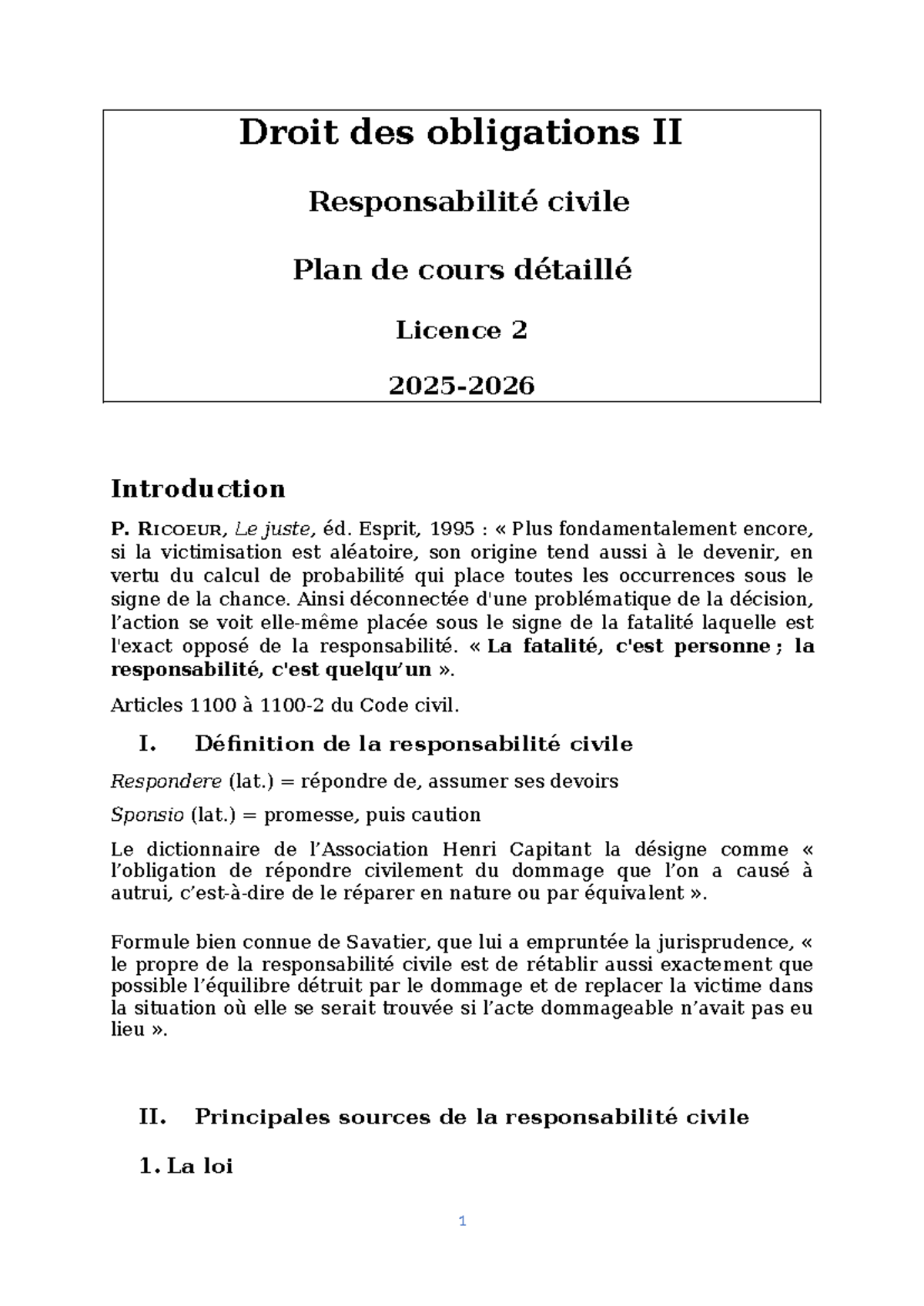 Droit des obligations II - Plan de cours détaillé sur la responsabilité ...