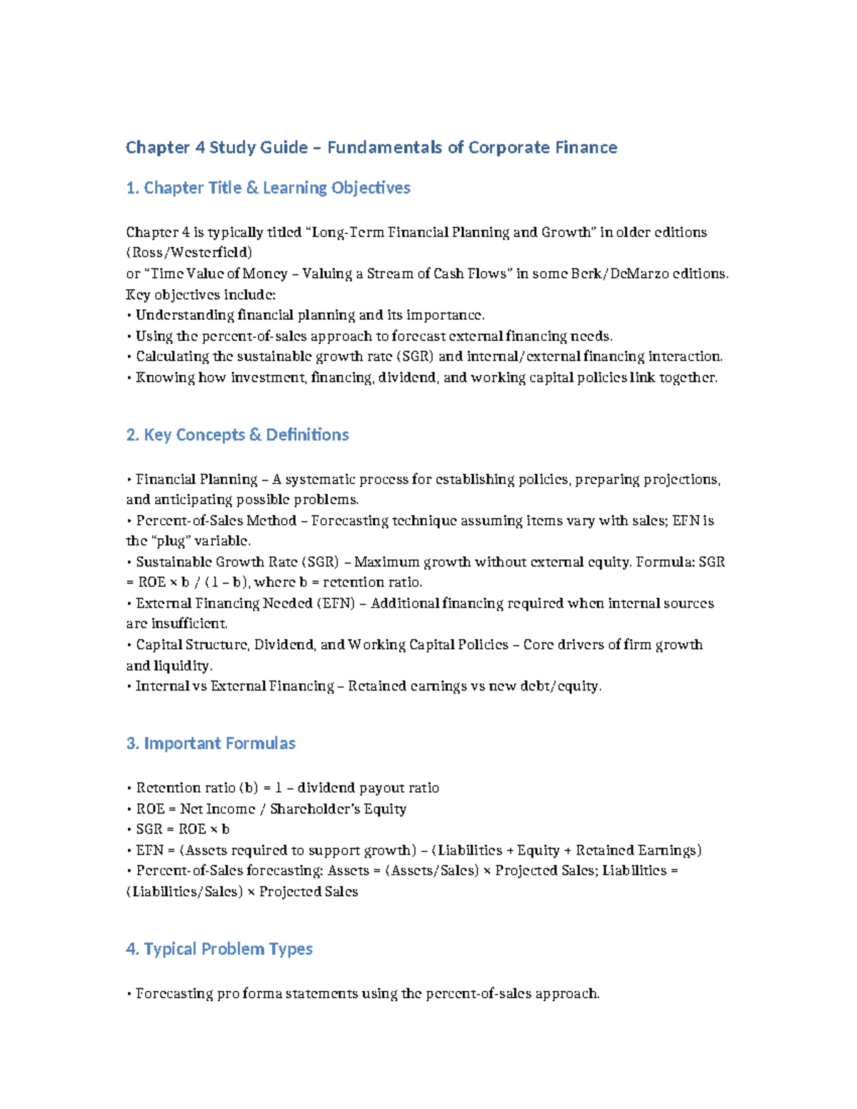 Chapter 4 Study Guide: Financial Planning in Corp Finance 1 - Studocu