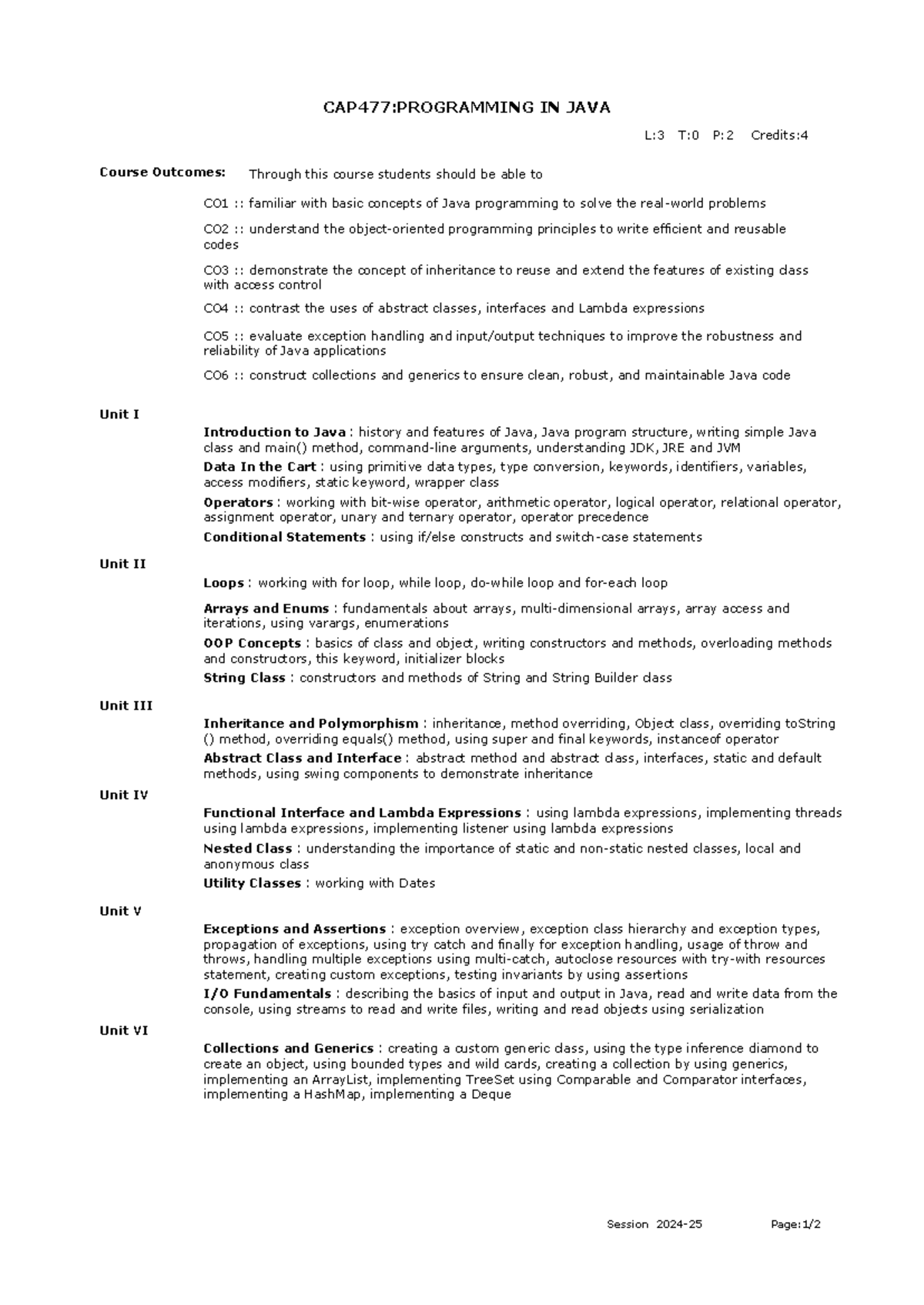 JAVA Syllabus for mca - CAP477:PROGRAMMING IN JAVA Course Outcomes: CO1 ...