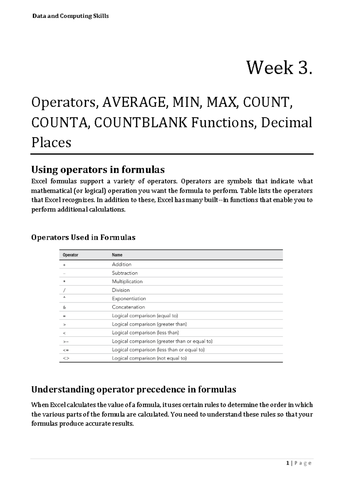 Week 3 Operators Average MIN MAX Count Counta Countblank Functions ...