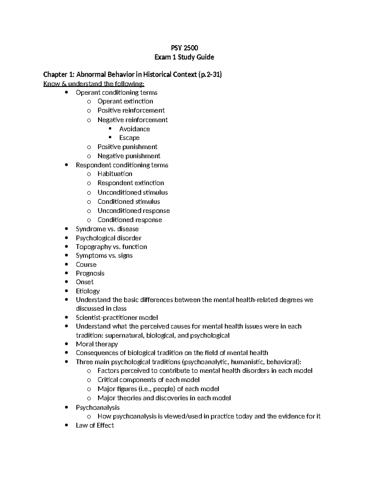 PSY 2500 Exam 1 Study Guide: Abnormal Behavior & Psychopathology - Studocu