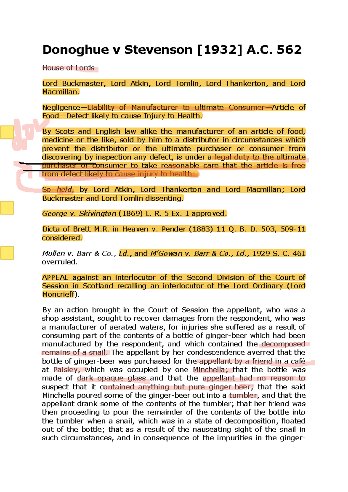 Donoghue v Stevenson Case Study: Legal Duty of Manufacturers - Studocu