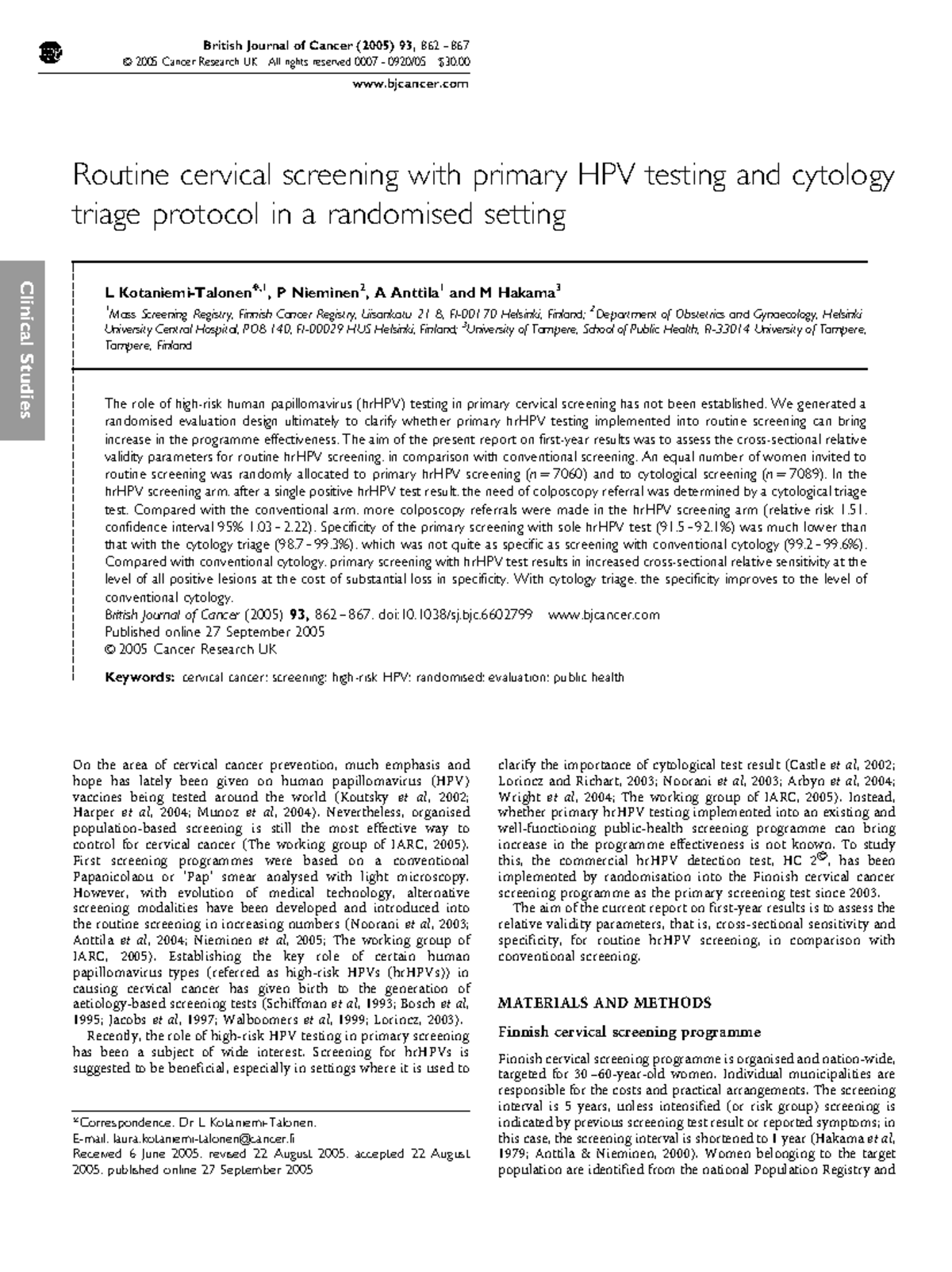 Routine HPV Testing vs. Cytology in Cervical Screening: A Randomized ...