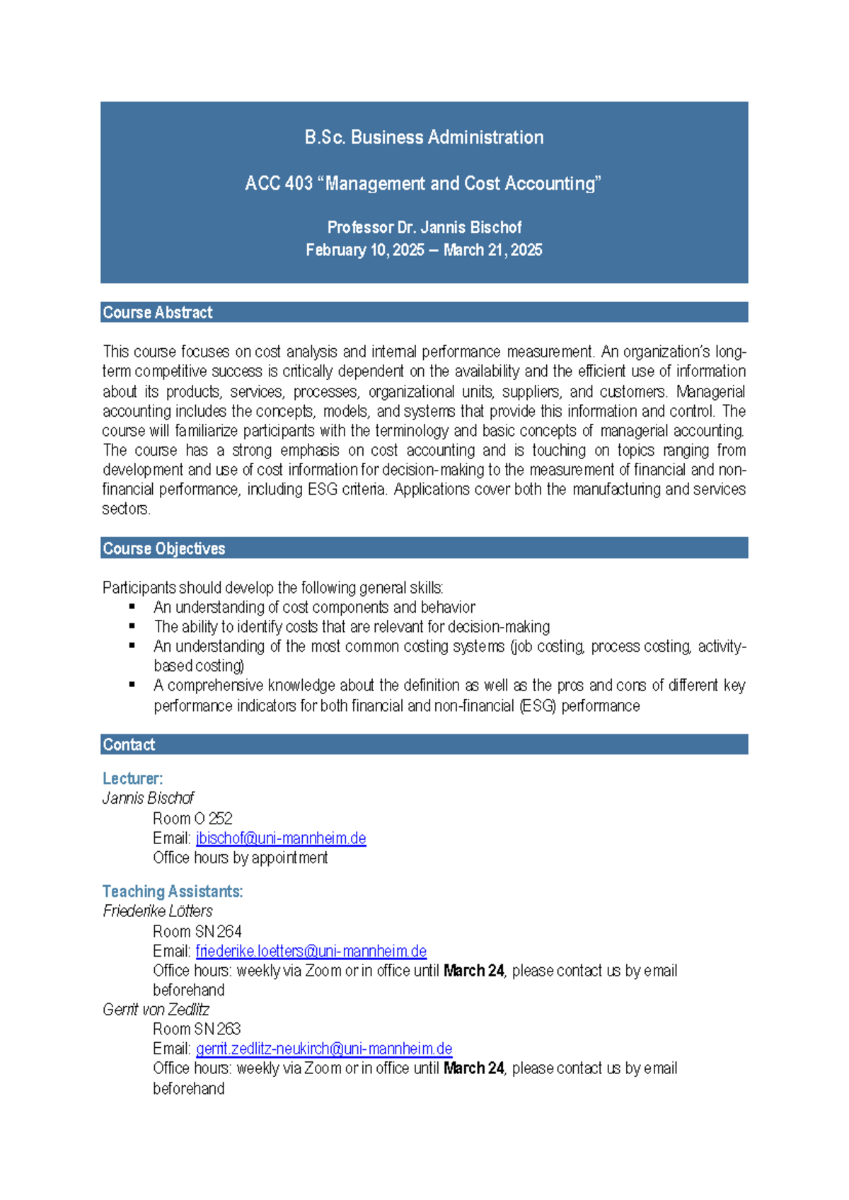 ACC 403 Course Syllabus: Cost Accounting Overview for 2025 FSS - Studocu