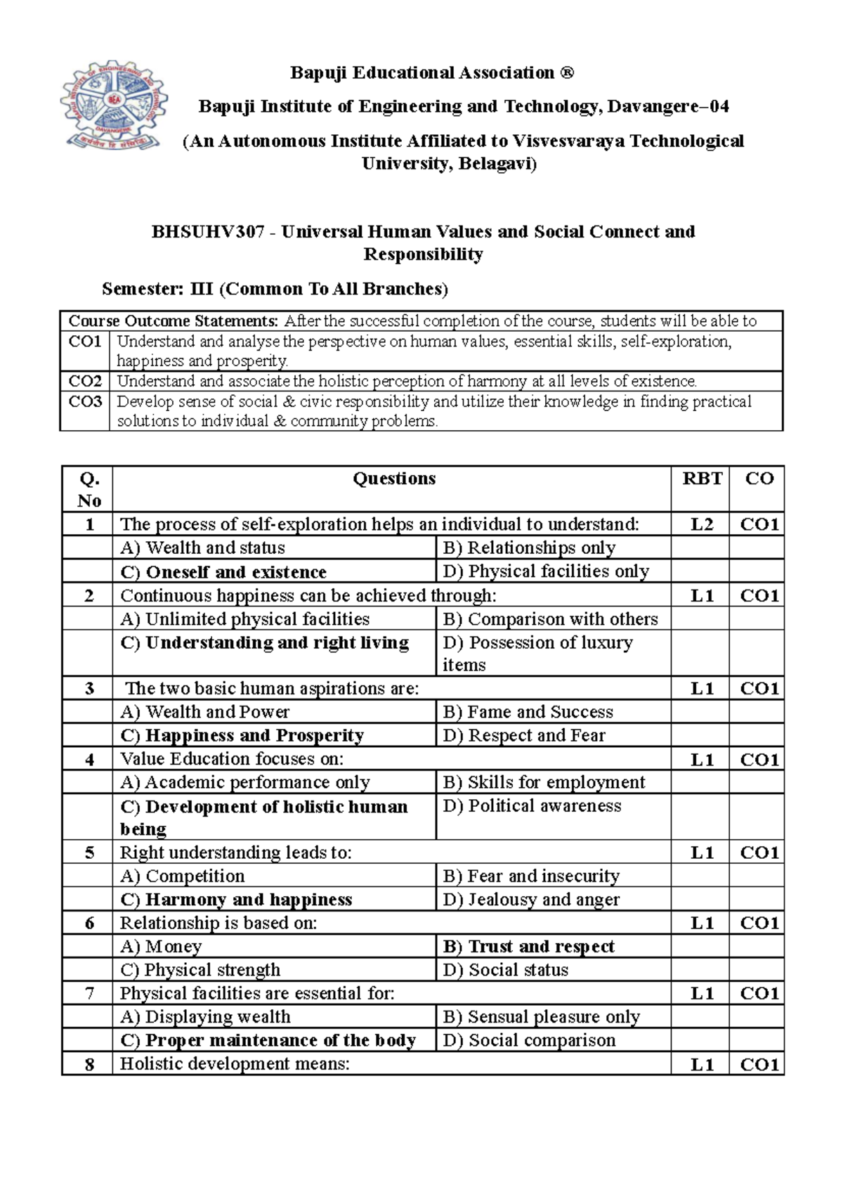 BHSUHV307 Universal Human Values & Social Responsibility Question Bank ...
