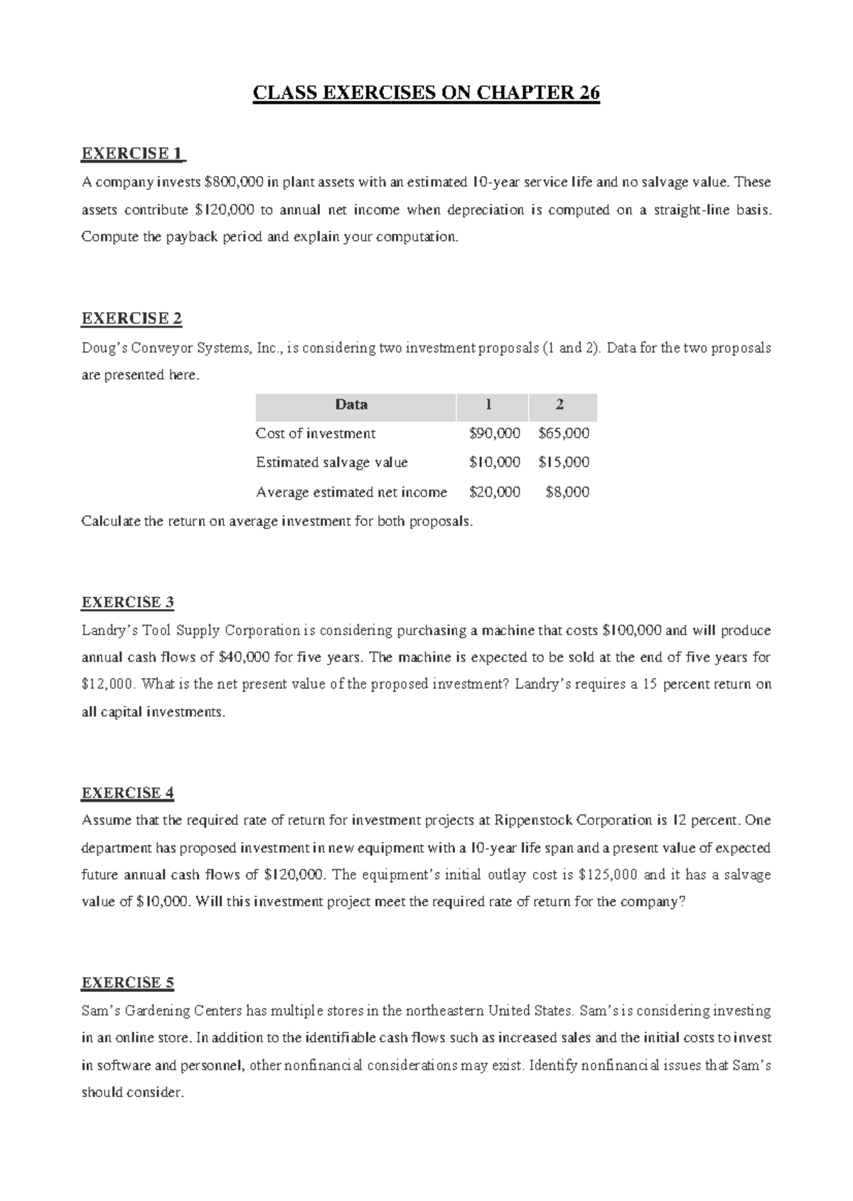 Class Exercises on Chapter 26: Investment Analysis and Proposals - Studocu