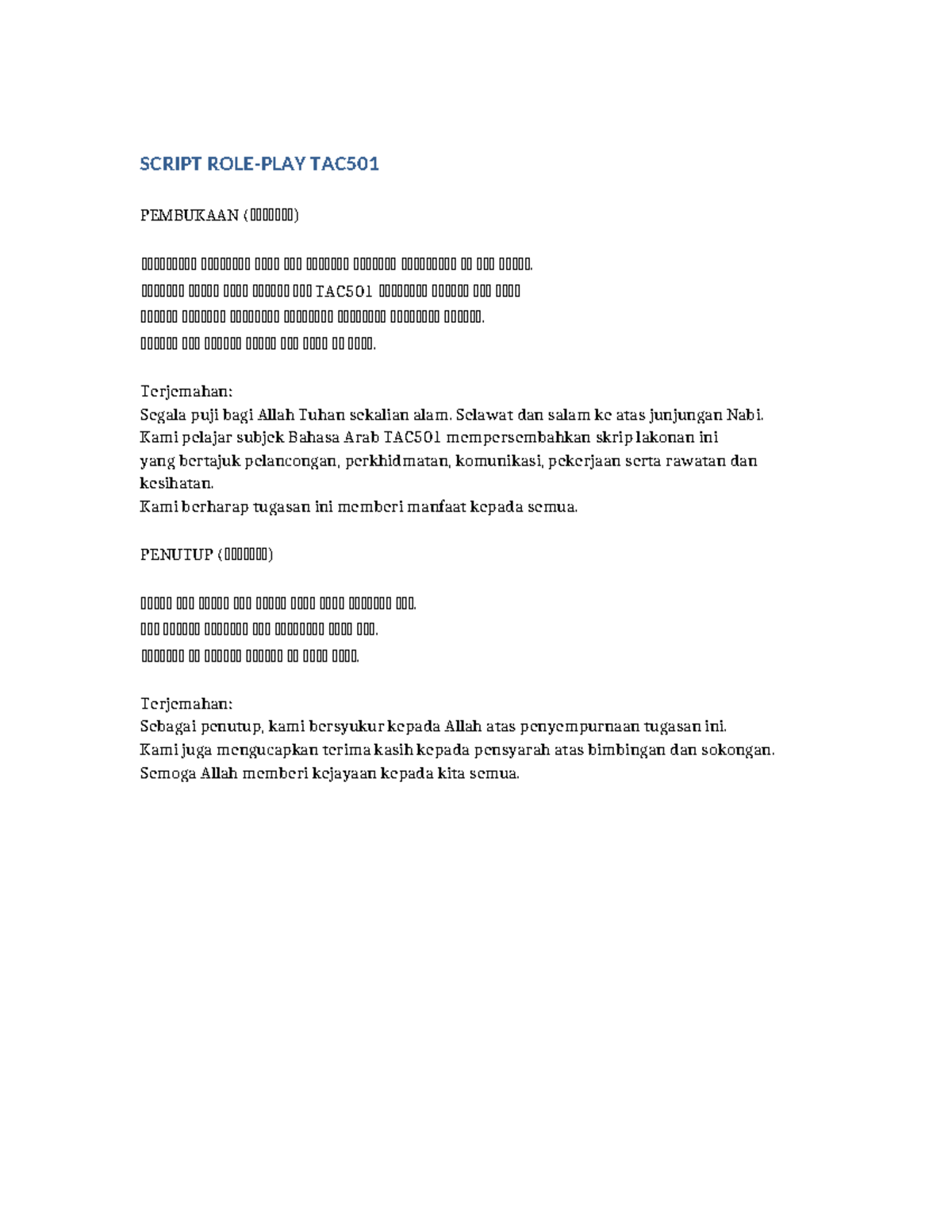 Script Roleplay TAC501: Pelancongan dan Perkhidmatan - Studocu