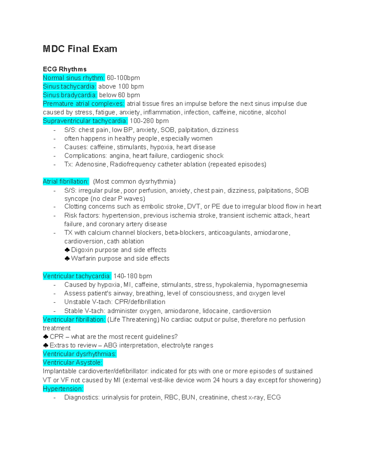 MDC 3 Final Exam - Comprehensive Study Guide for Cardiac Concepts - Studocu