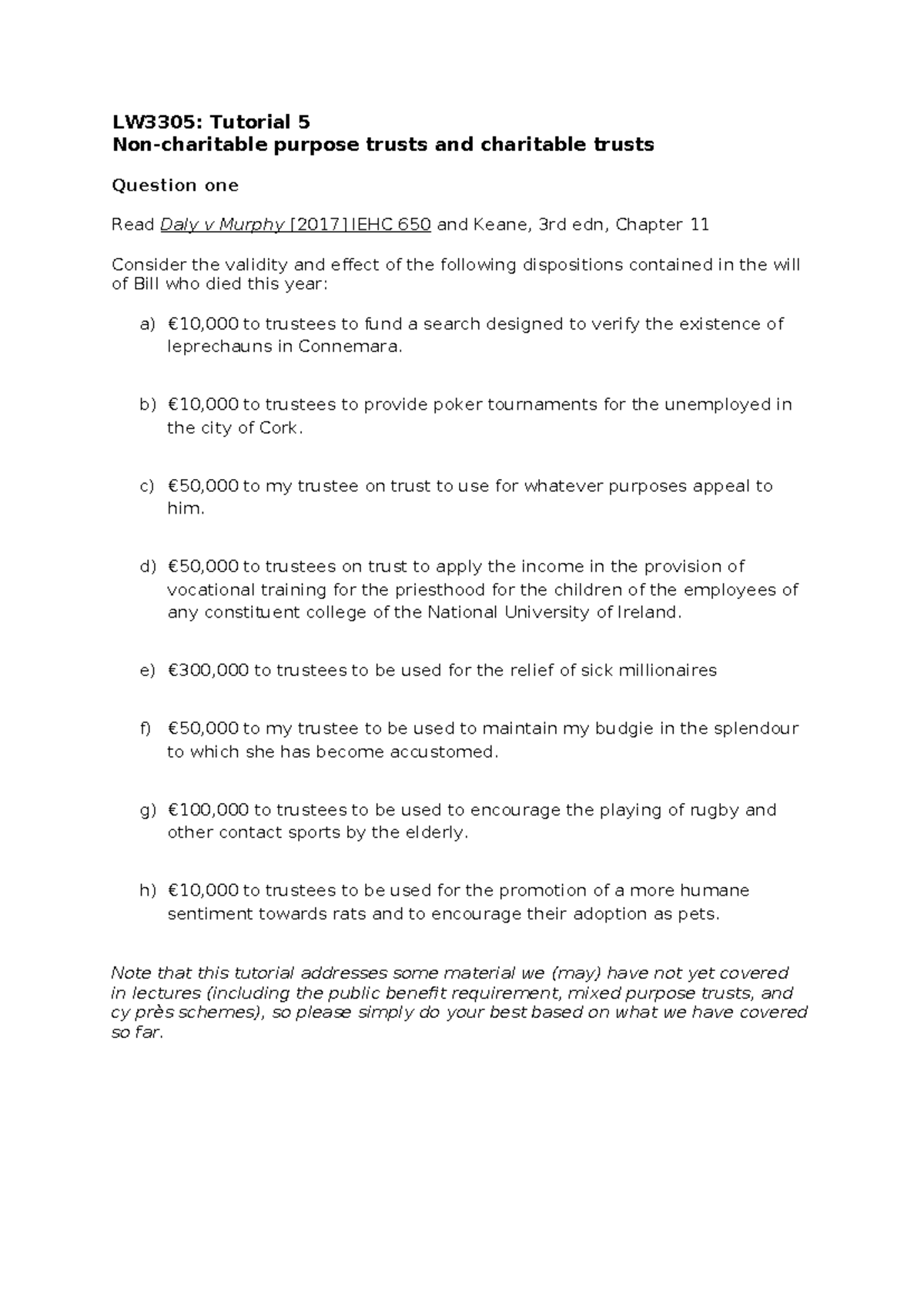 LW3305 Tutorial 5 - Charitable vs. Non-Charitable Trusts Analysis - Studocu