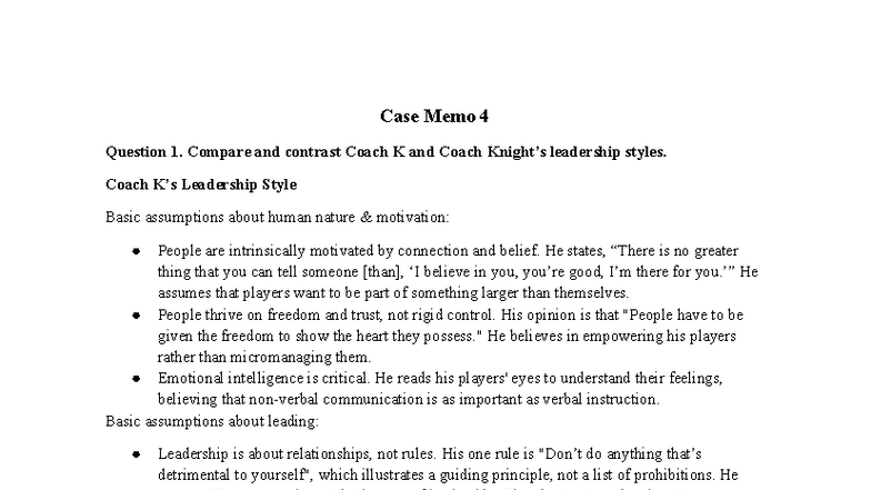 Case Memo 4: Comparing Coach K and Coach Knight's Leadership Styles ...