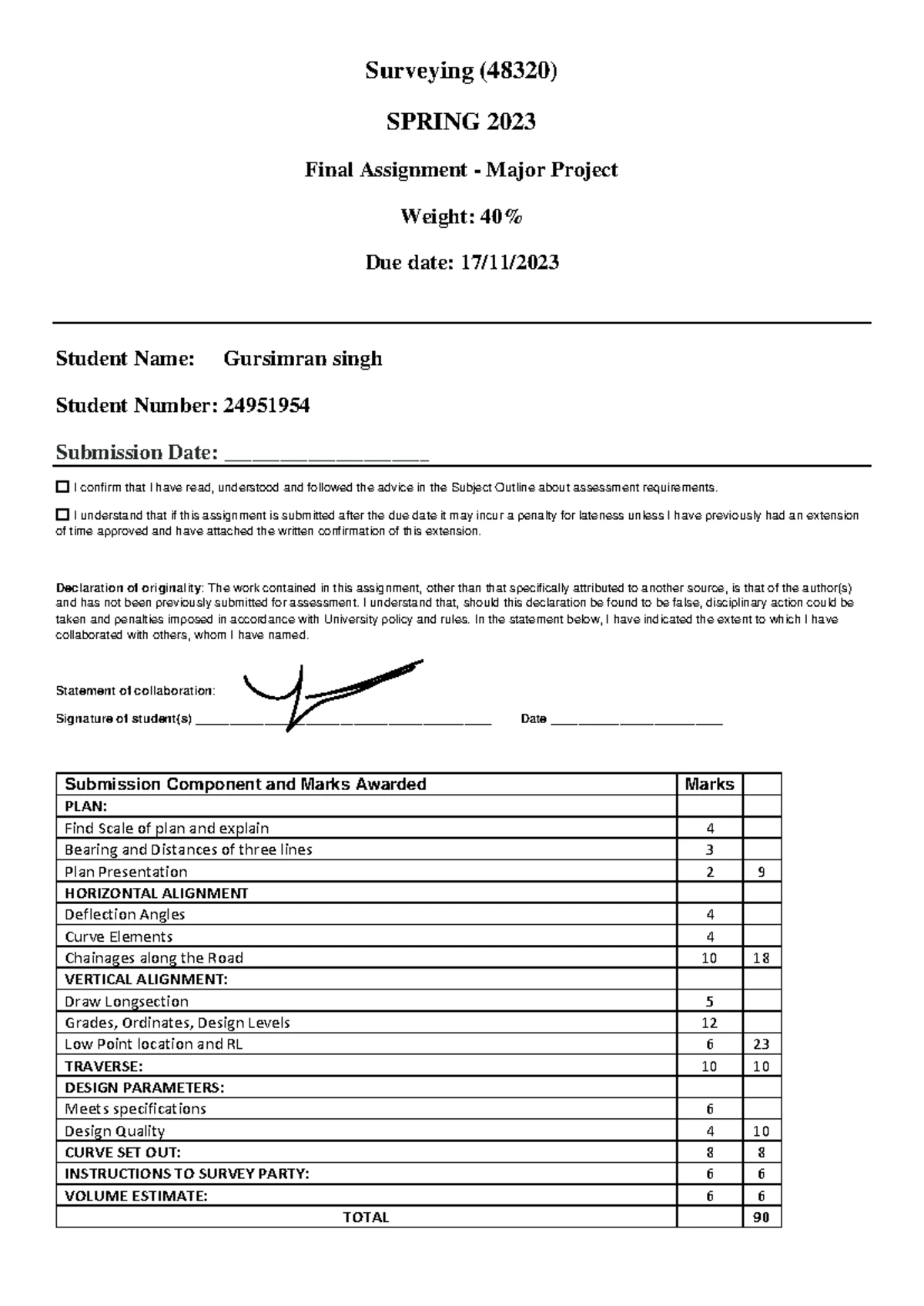 Surveying (48320) SPRING 2023 Assignment 3: Vertical Curve Exercise ...