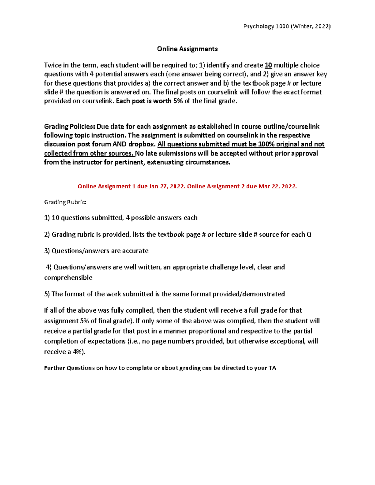 Online Assignments Outline - Psychology 1000 (Winter, 2022) Online ...