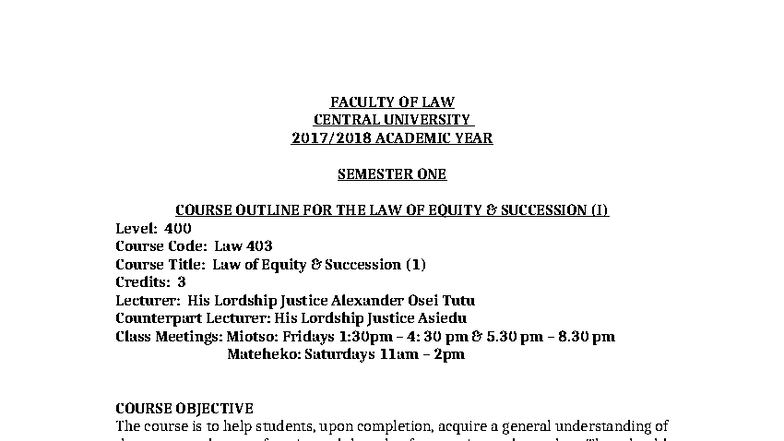 .Equity Course Outline 1757749757000 - FACULTY OF LAW CENTRAL ...