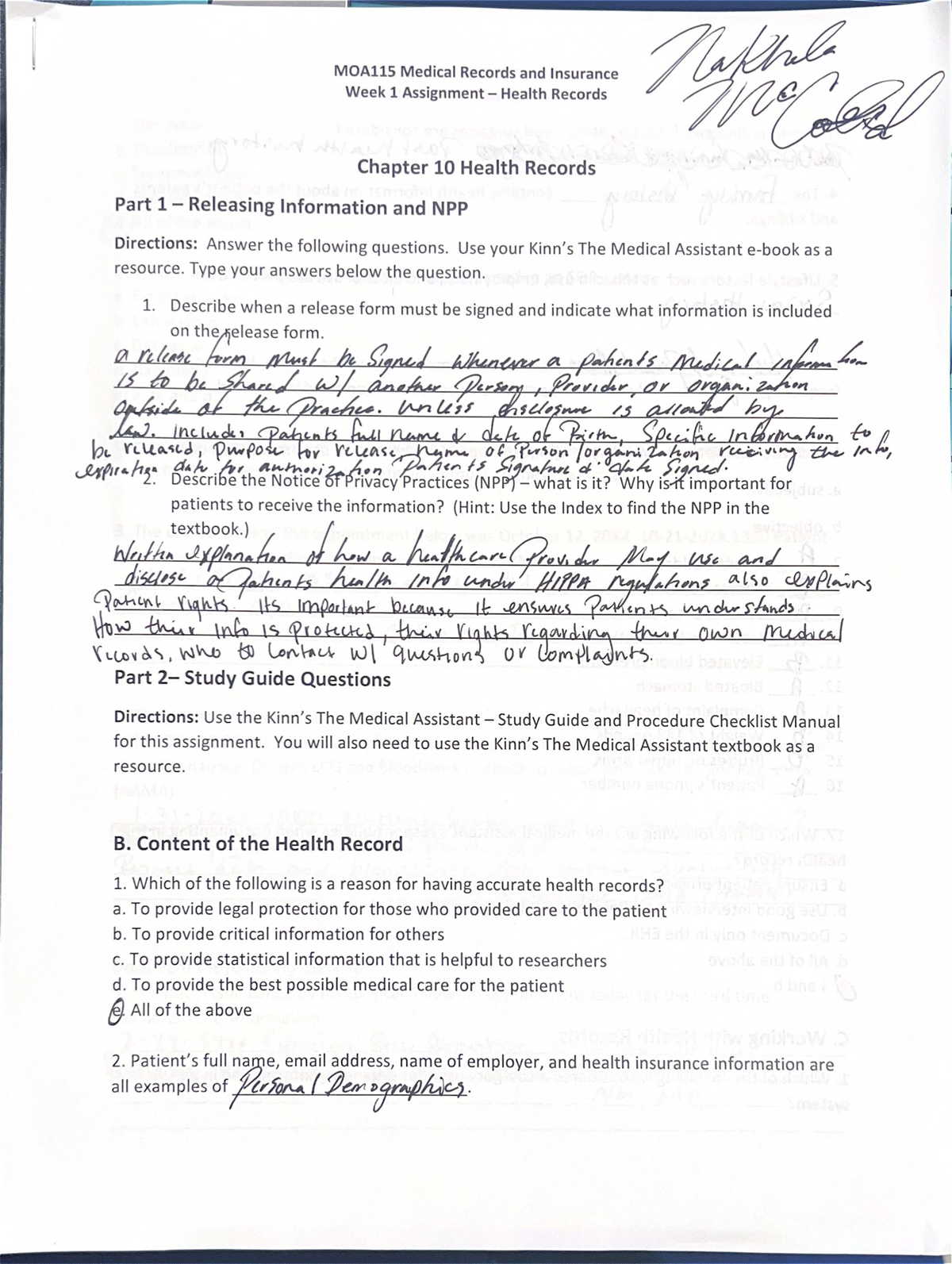 MOA115 Medical Records and Insurance Week 1 Assignment: Health Records ...