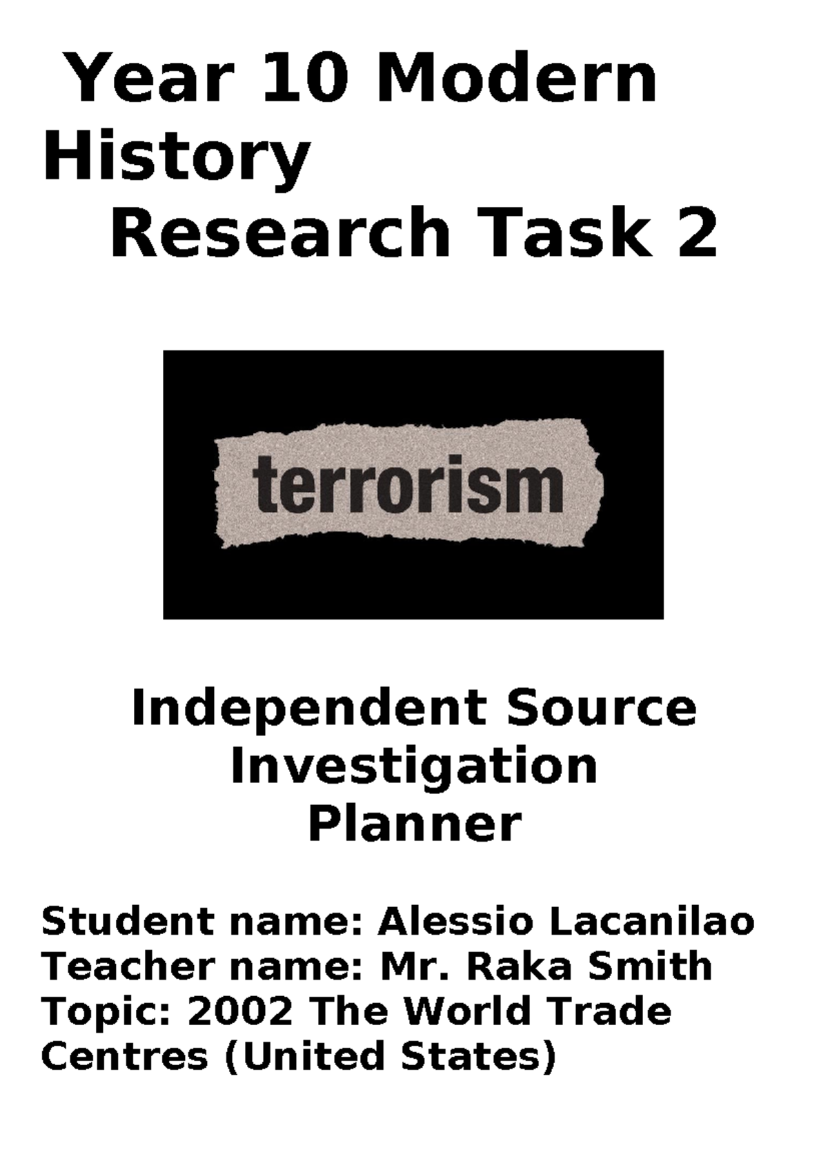 Year 10 Modern History Research Task 2: Source Investigation on 9/11 ...