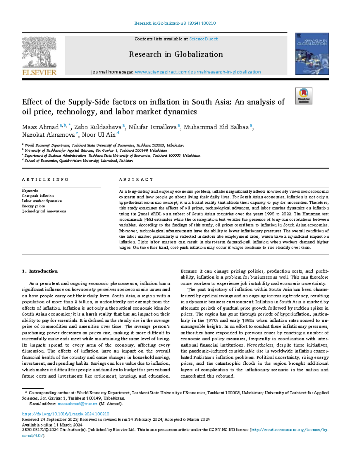 Effect of Oil Prices, Tech, and Labor Dynamics on Inflation in South ...