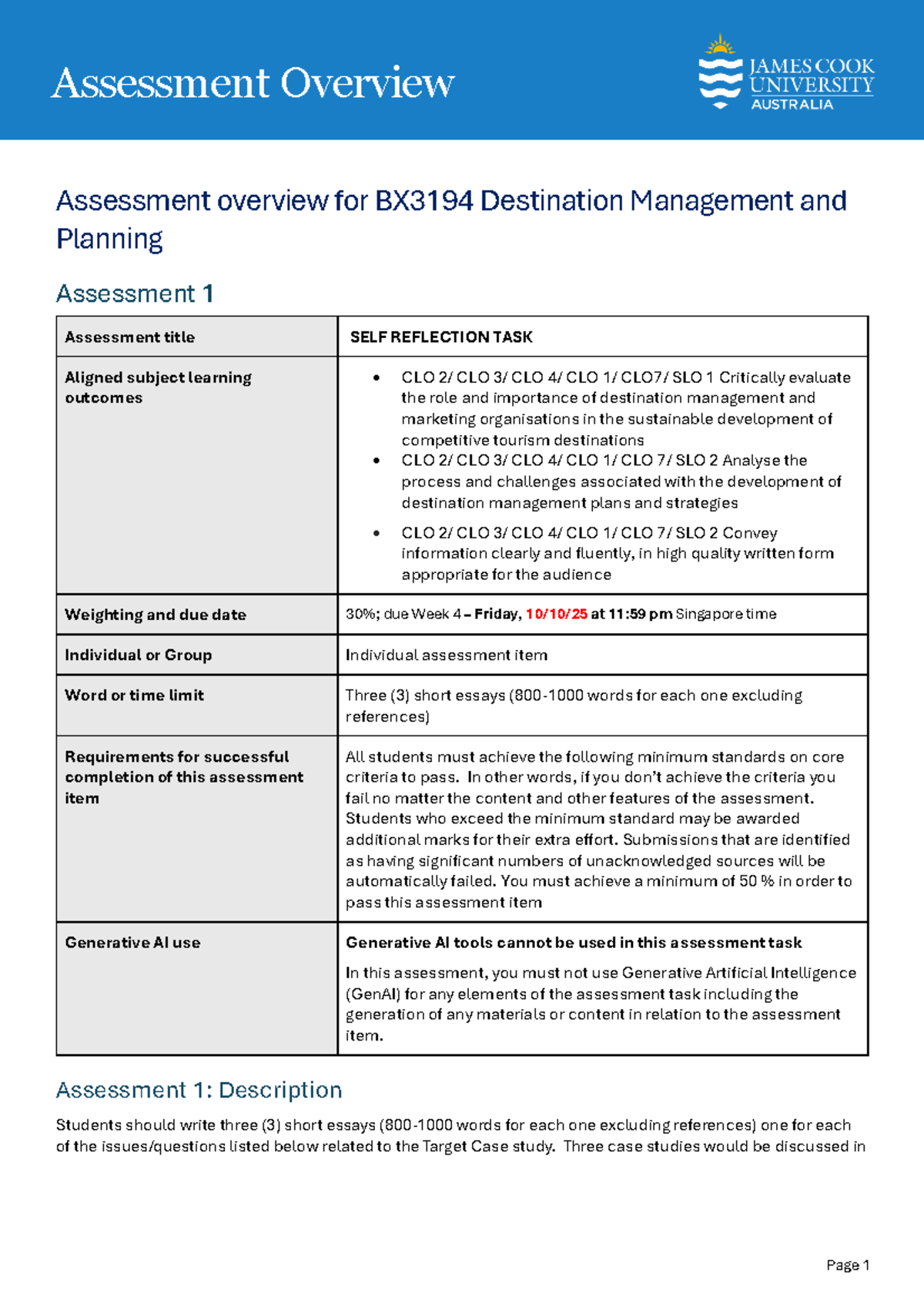 BX3194 Assessment Overview: Destination Management Self Reflection Task ...