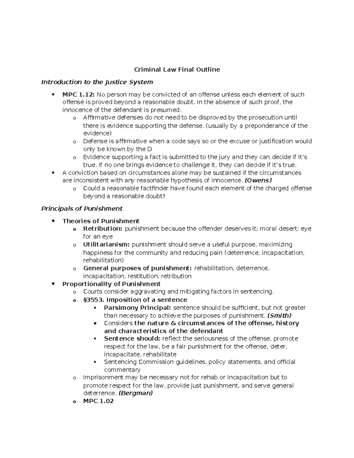 Criminal Law Final Exam Outline: Key Concepts and Principles - Studocu