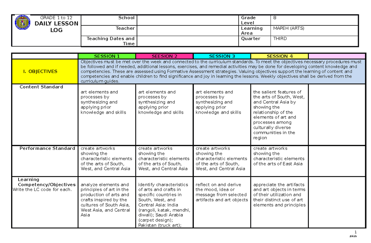 G8 MAPEH Q3 Daily Lesson Log - Arts of South & Central Asia - Studocu