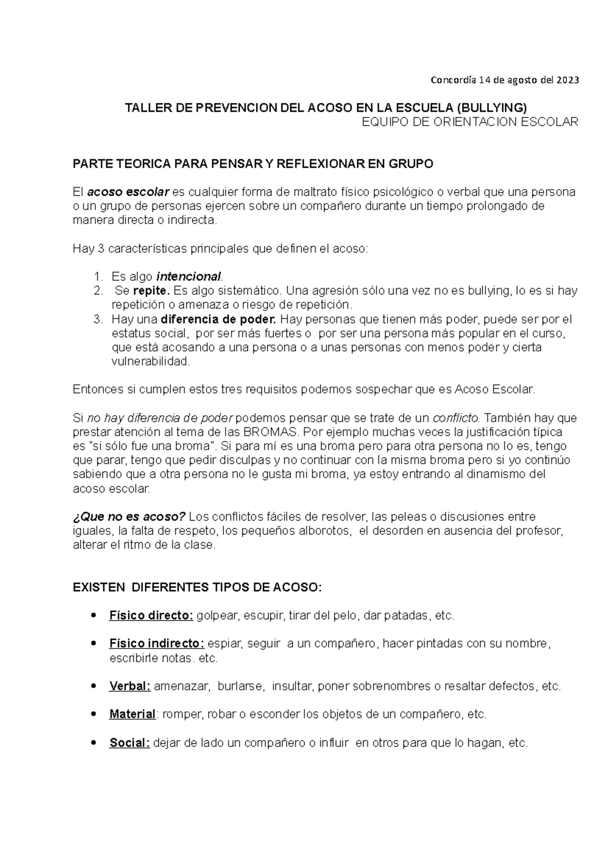 TALLER DE PREVENCIÓN DEL ACOSO ESCOLAR - CONCORDIA 2023 - Studocu