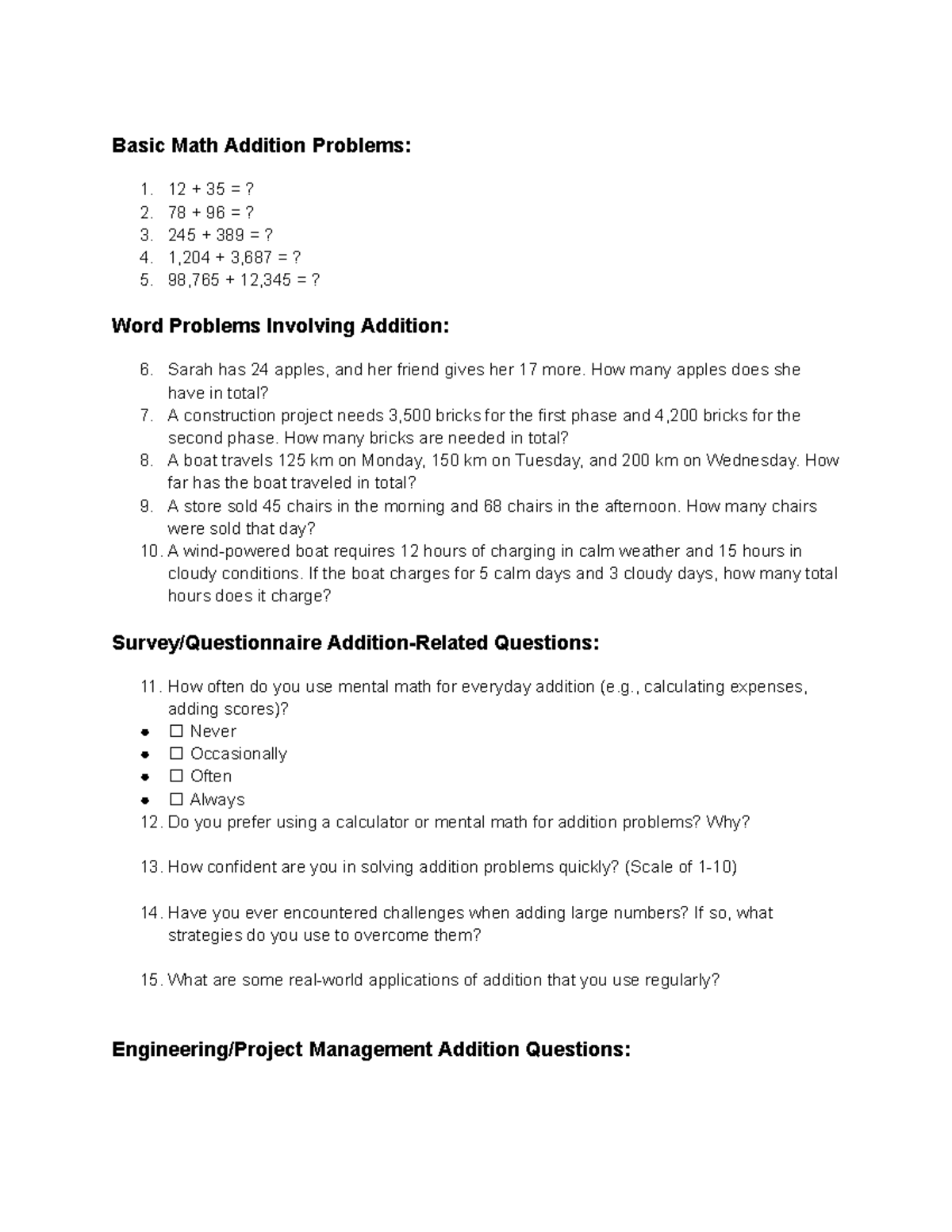 Basic Math Addition Problems - 12 + 35 =? 2. 78 + 96 =? 3. 245 + 389 ...