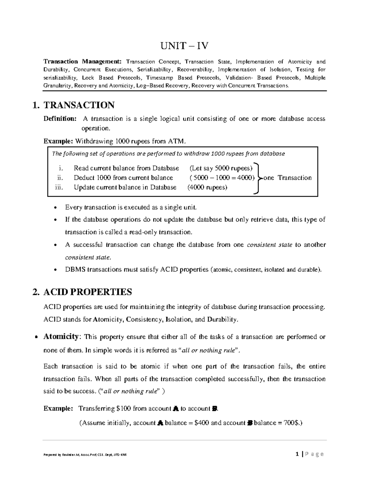 Unit-4 - dbms notes - UNIT – IV Transaction Management: Transaction ...