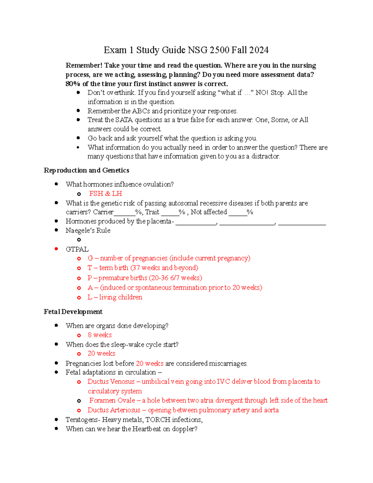 Exam 1 Study Guide for NSG 2500 - Nursing Process & Pregnancy Concepts ...