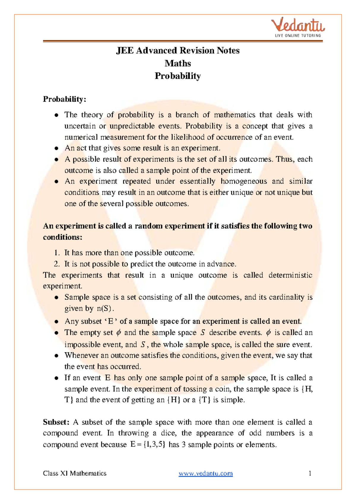 JEE Advanced Class XI Maths Probability Revision Notes - Studocu