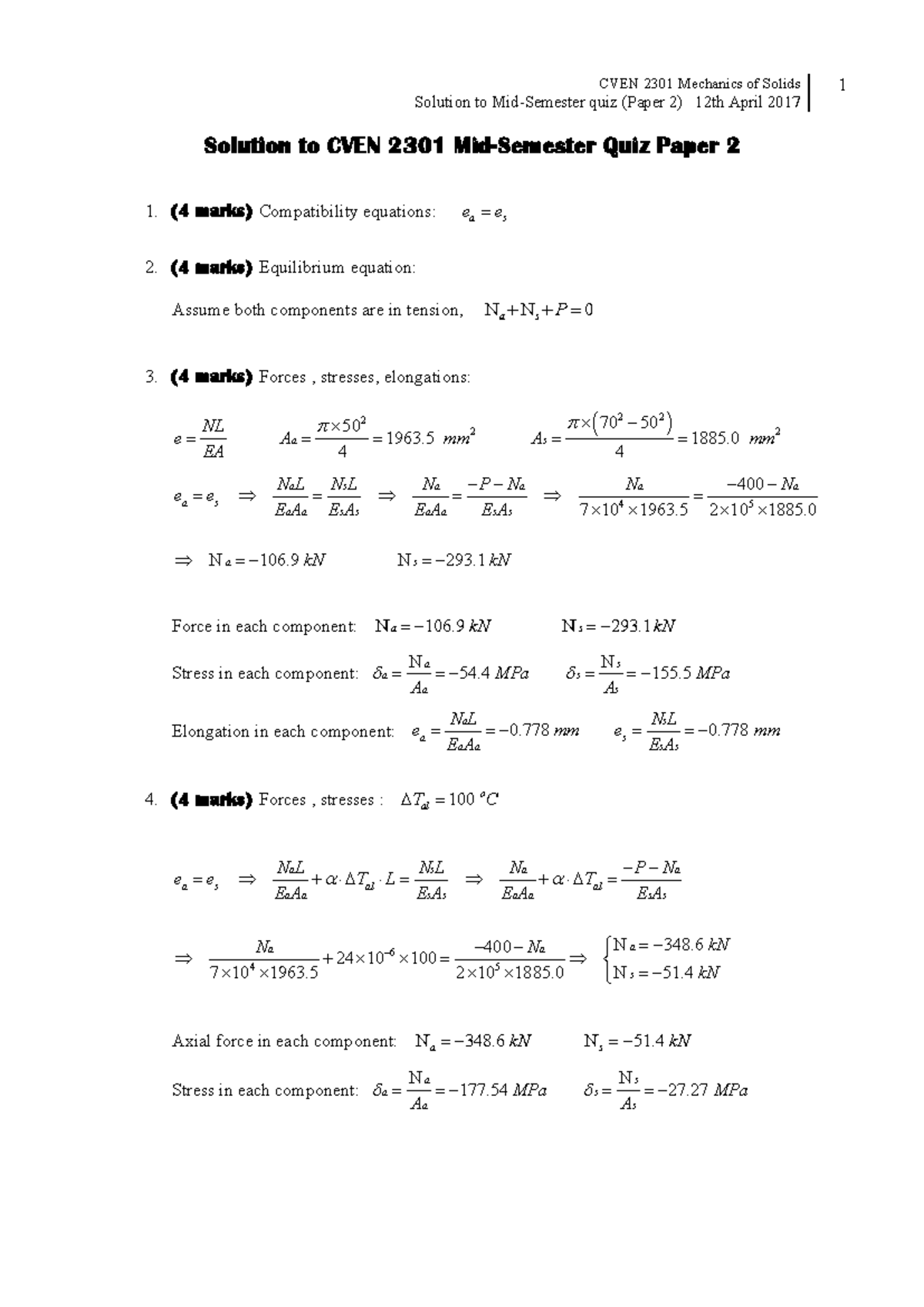 CVEN 2301 Mechanics of Solids Mid-Semester Quiz 2 Solutions - Studocu