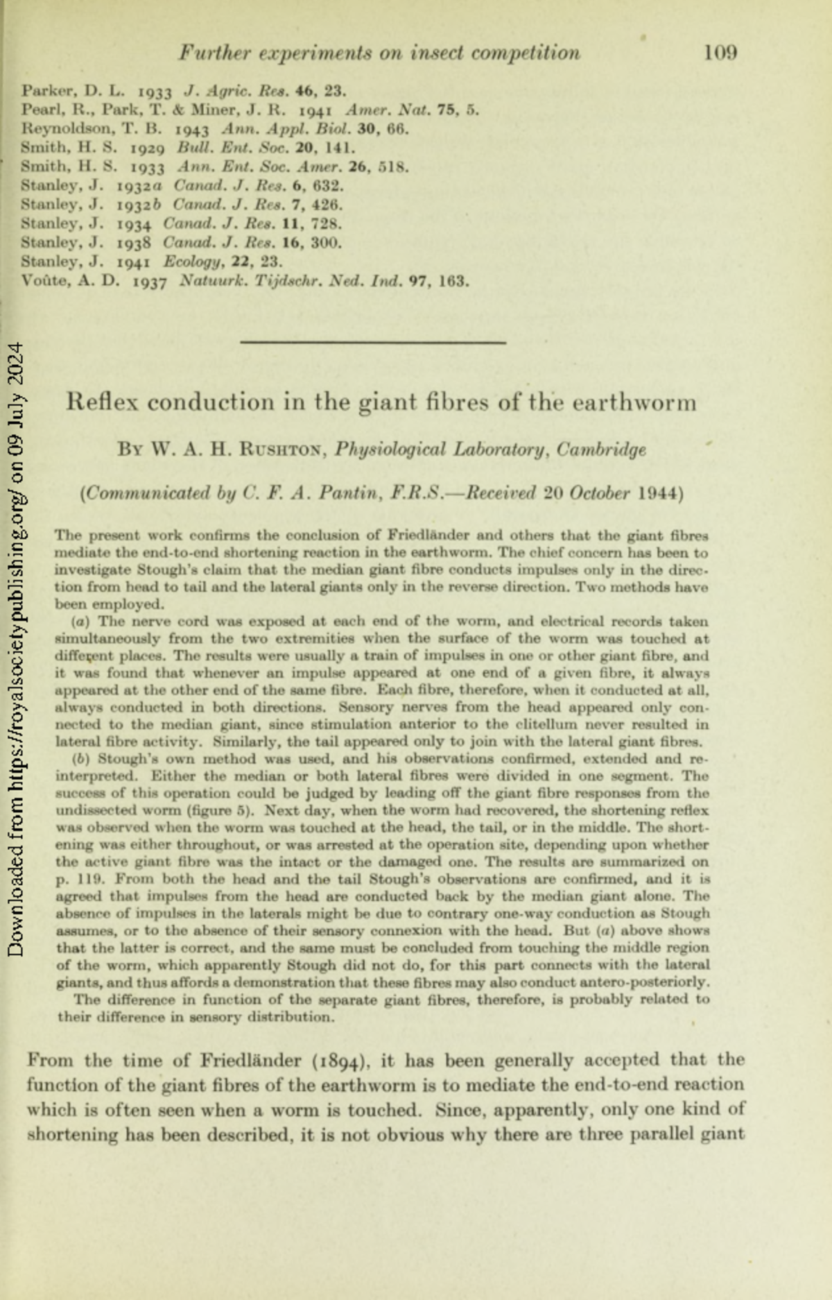 Rushton pantin 1997 reflex conduction in the giant fibres of the ...