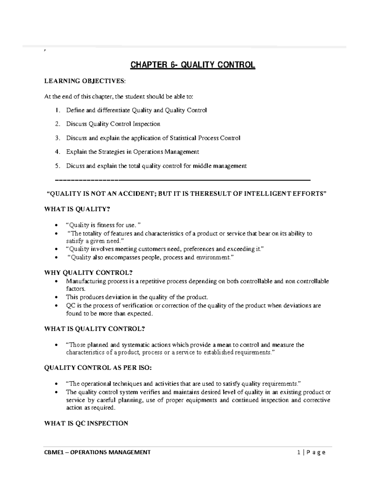 Chapter 6: Quality Control in Operations Management (CBME1) - Studocu
