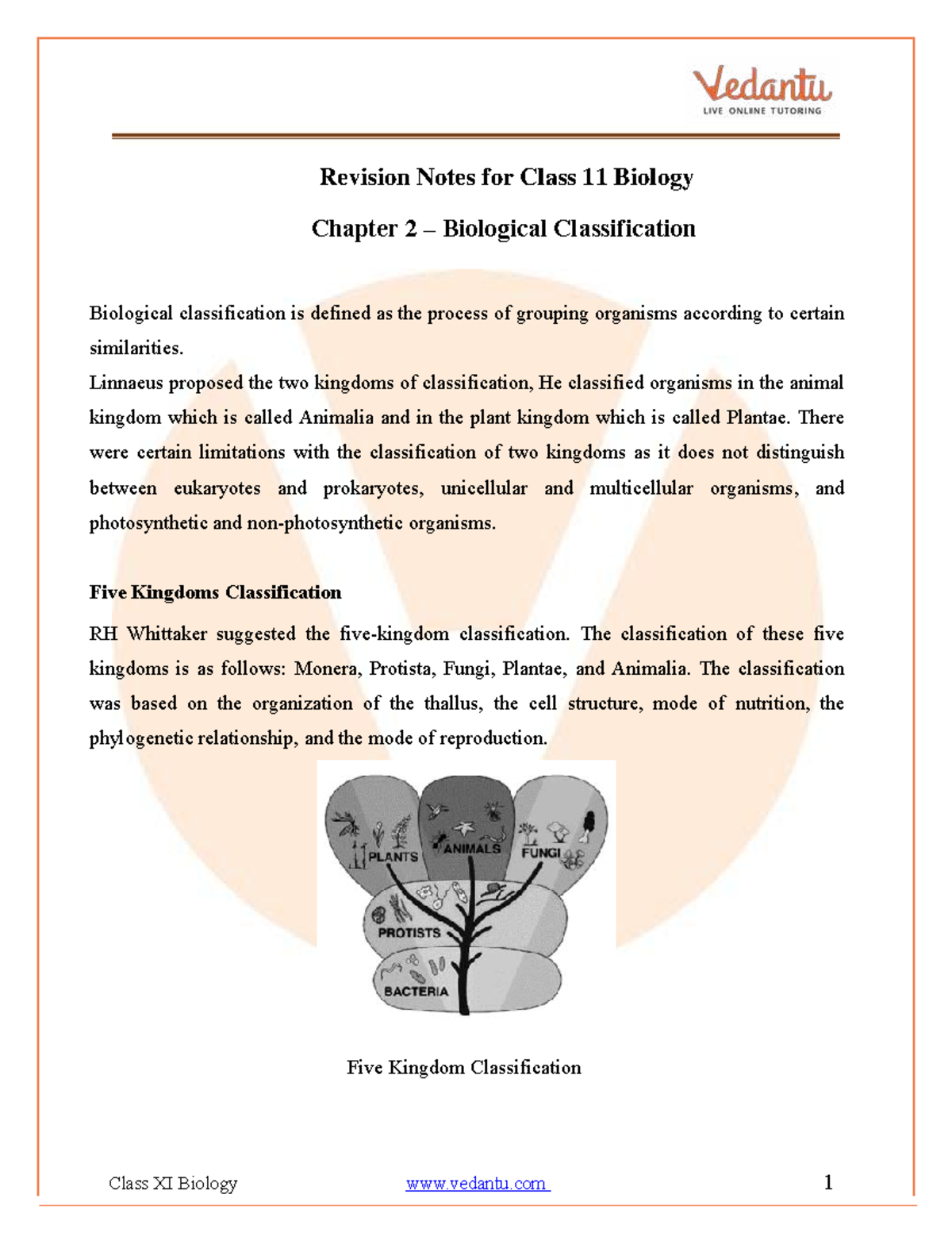 Biological Classification Class 11 Biology Revision Notes - Studocu