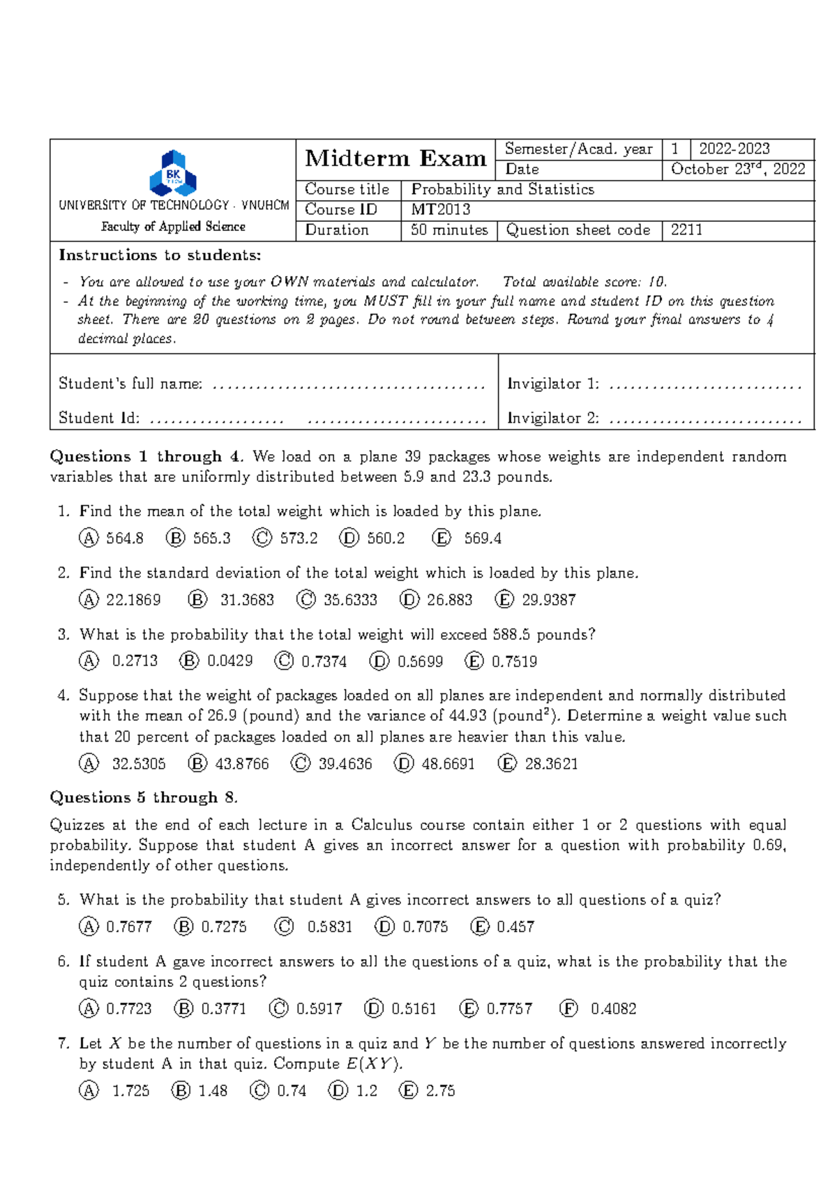 Midterm Exam Questions for Probability and Statistics MT2013 - 221 ...