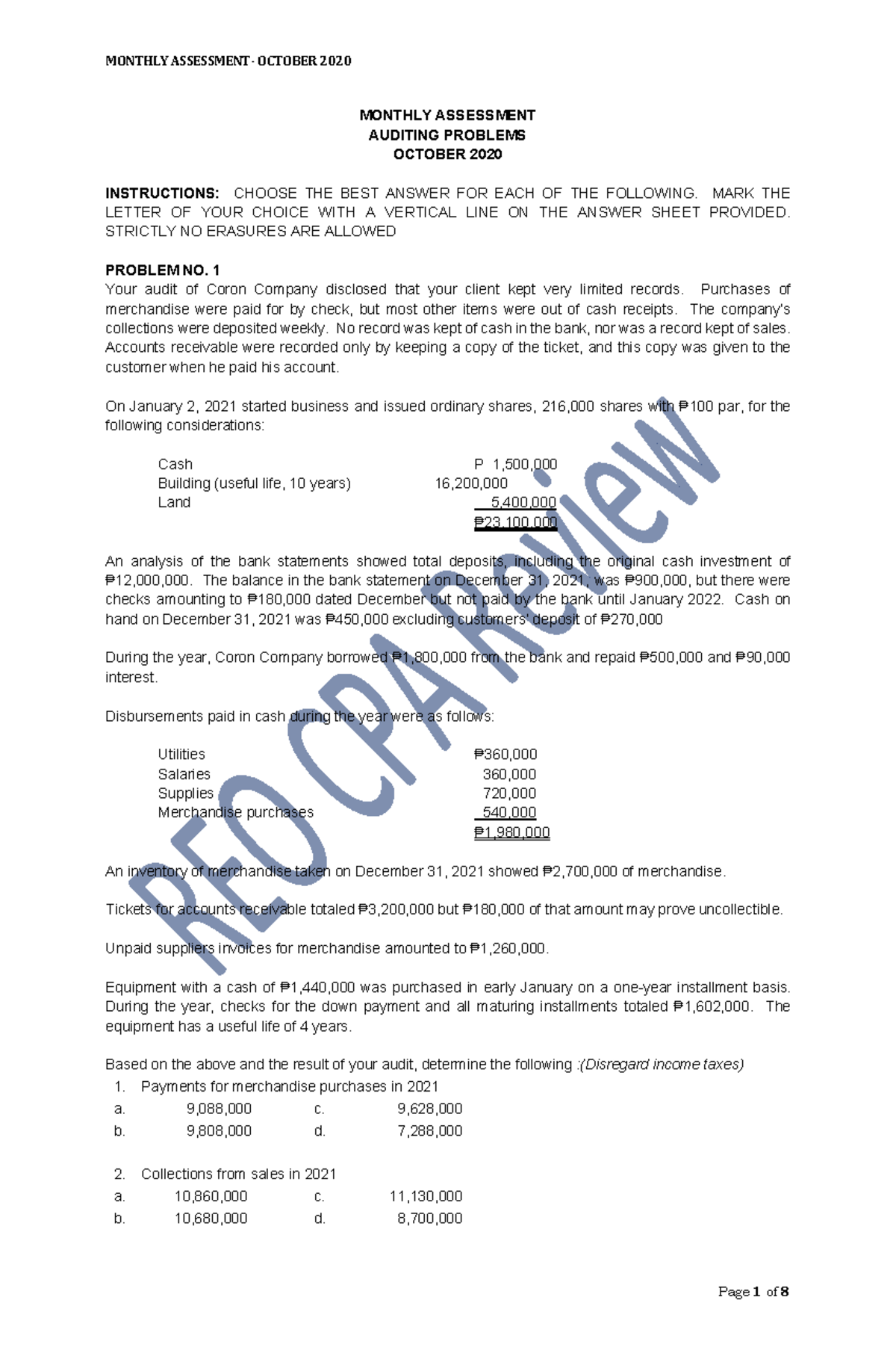 AP Assessment: Auditing Problems and Solutions - October 2020 - Studocu