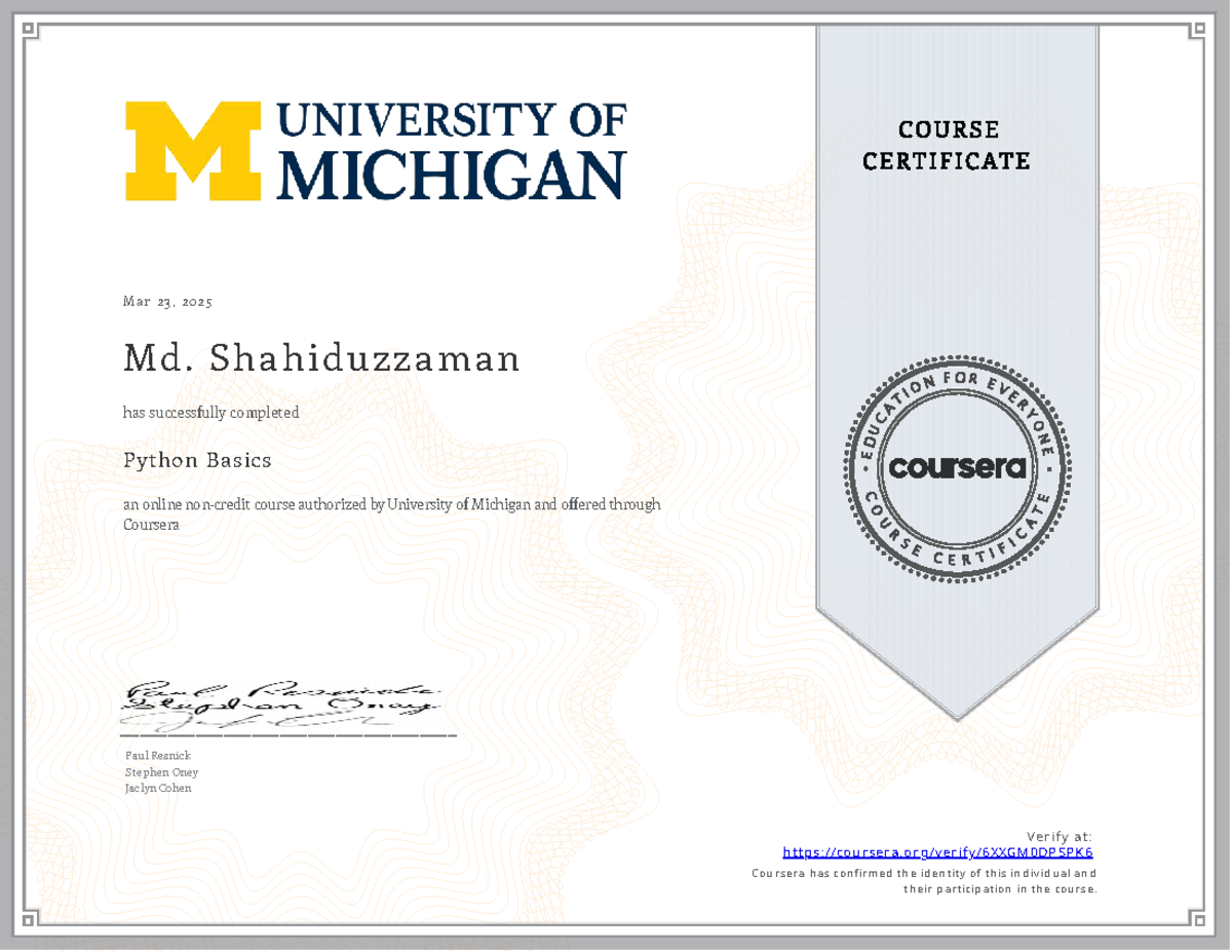 Python Basics Course Completion Certificate - Coursera 6XXGM0 - Studocu