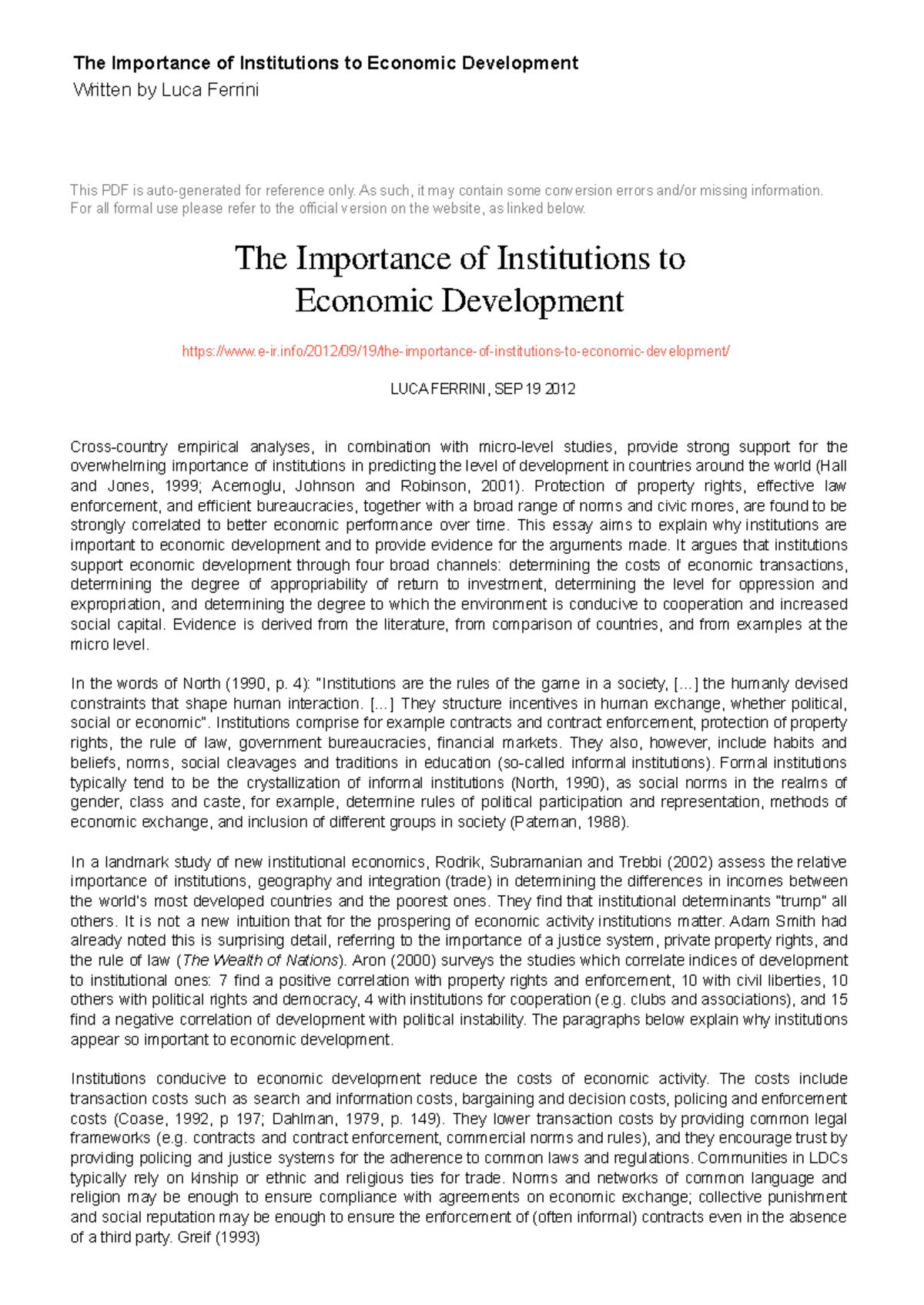 Visual Reference: The Importance Of Institutions To Economic Development