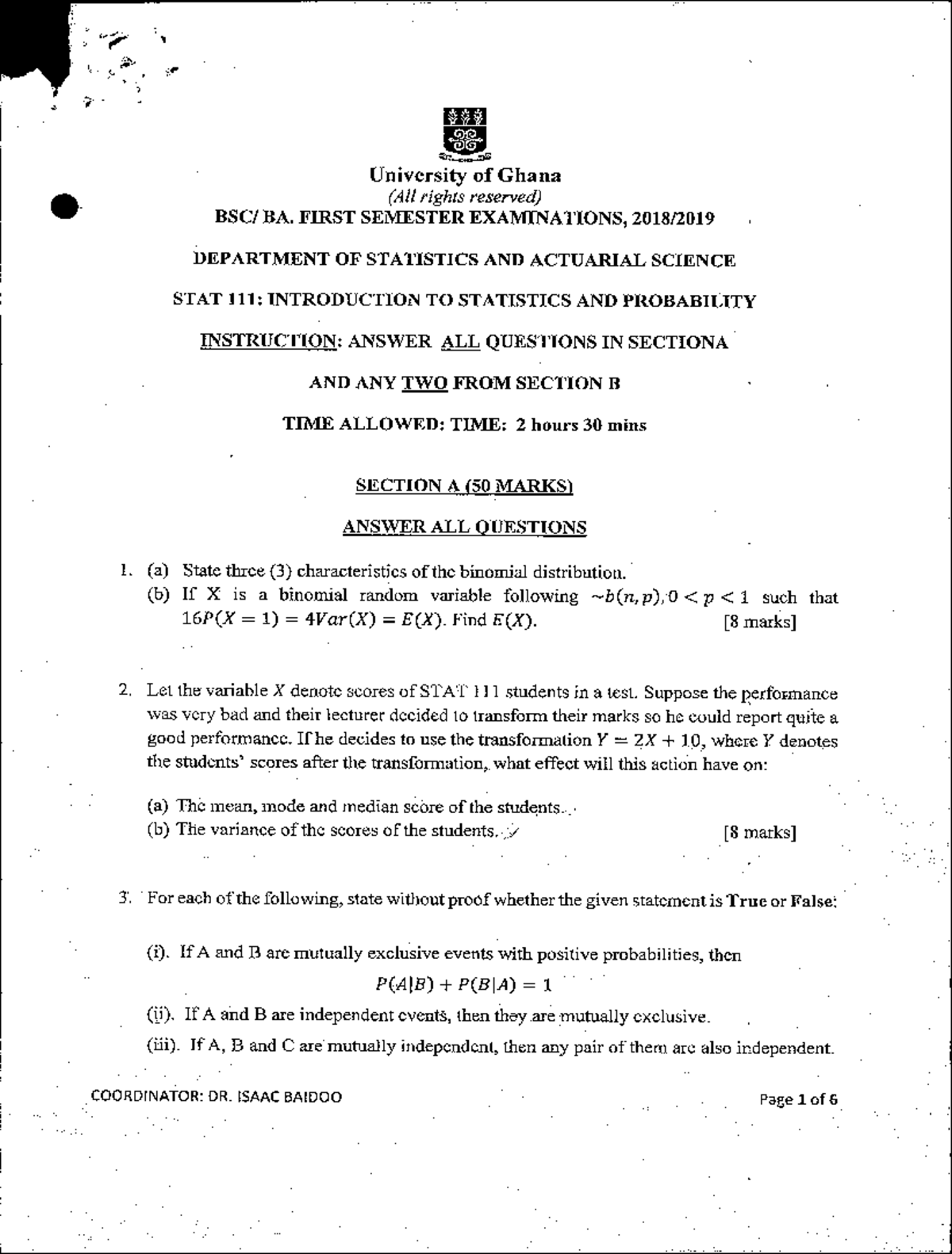 STAT 111 Final Exam Paper - Introduction to Statistics 2018/2019 - Studocu