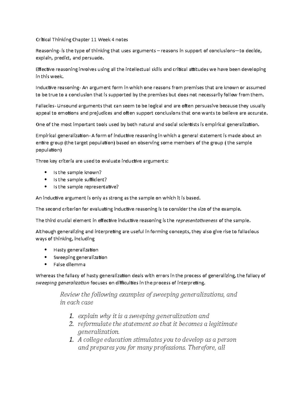 Critical Thinking 11: Week 4 Inductive Reasoning & Fallacies Notes ...