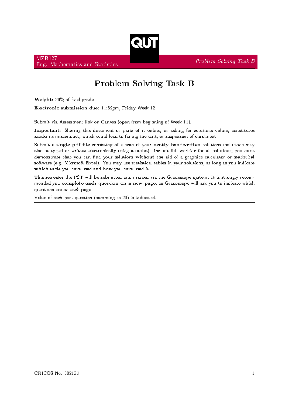 MZB127 Eng. Mathematics & Stats PST B - Problem Solving Task Guide ...