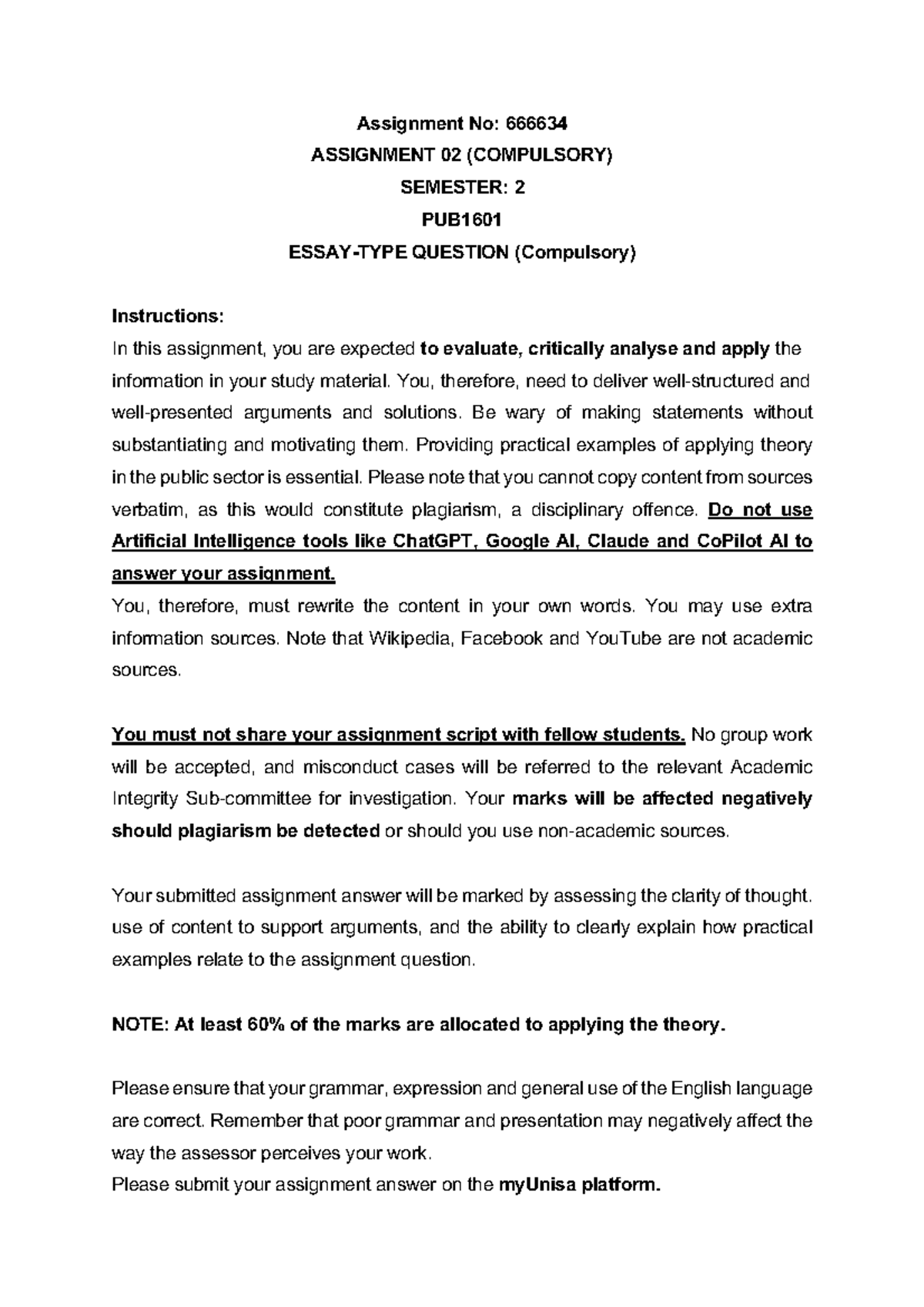 PUB1601 Assignment 02: Critical Analysis and Application in Public ...