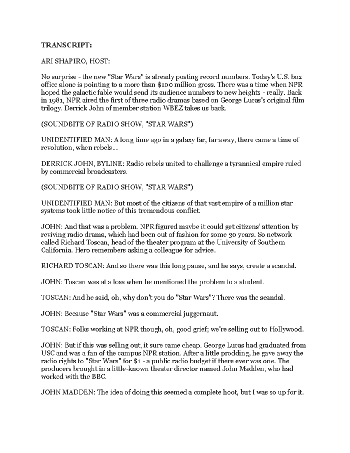 Star Wars NPR Transcript - TRANSCRIPT: ARI SHAPIRO, HOST: No surprise ...