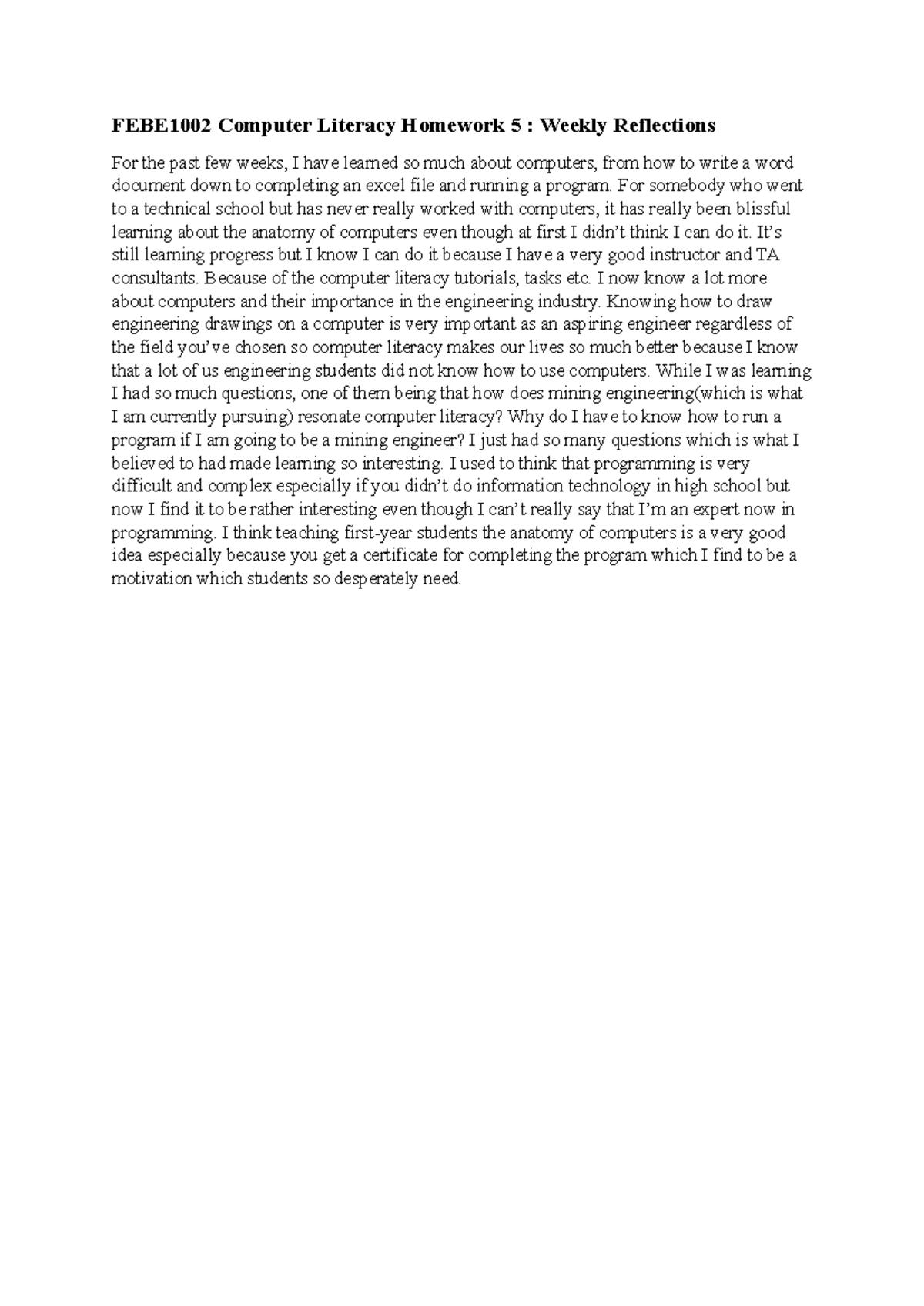 FEBE1002 Computer Literacy HW5: Weekly Reflections on Learning - Studocu