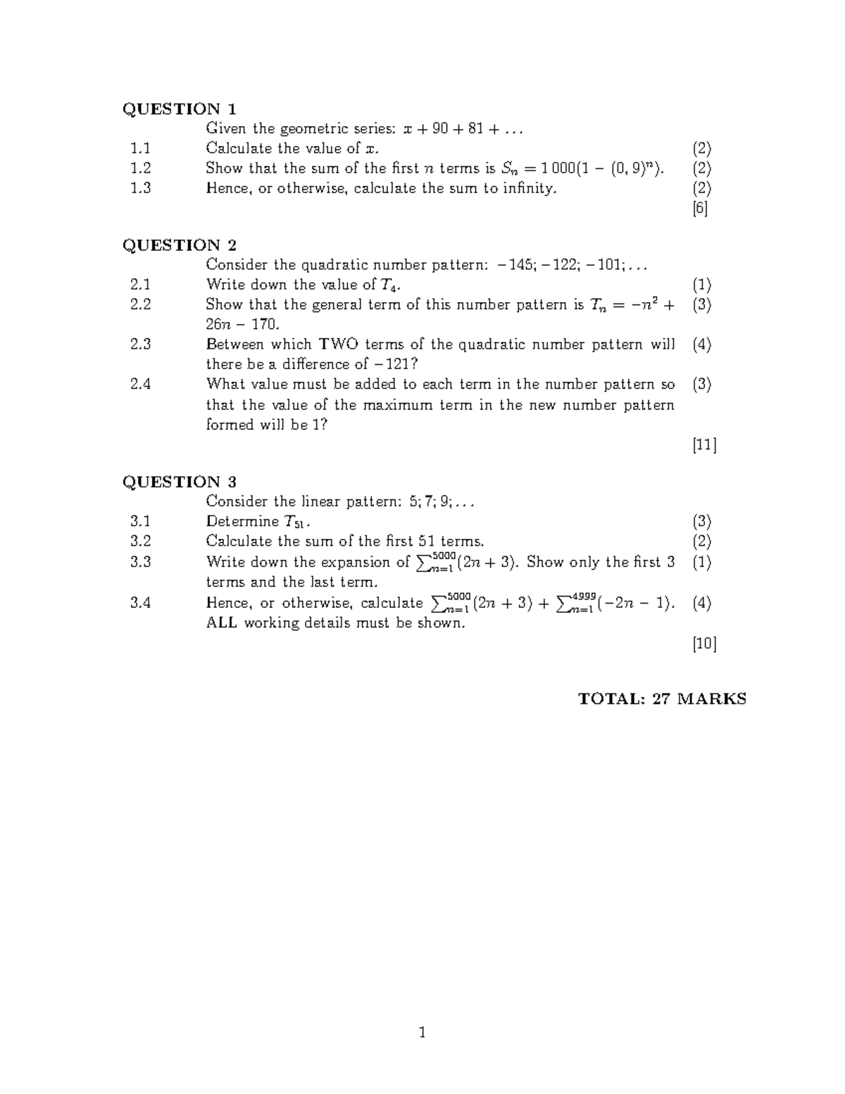 Maths G12 Patterns - Geometric & Quadratic Series Questions - Studocu