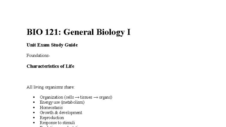 BIO 121: General Biology I Unit Exam Study Guide Notes - Studocu