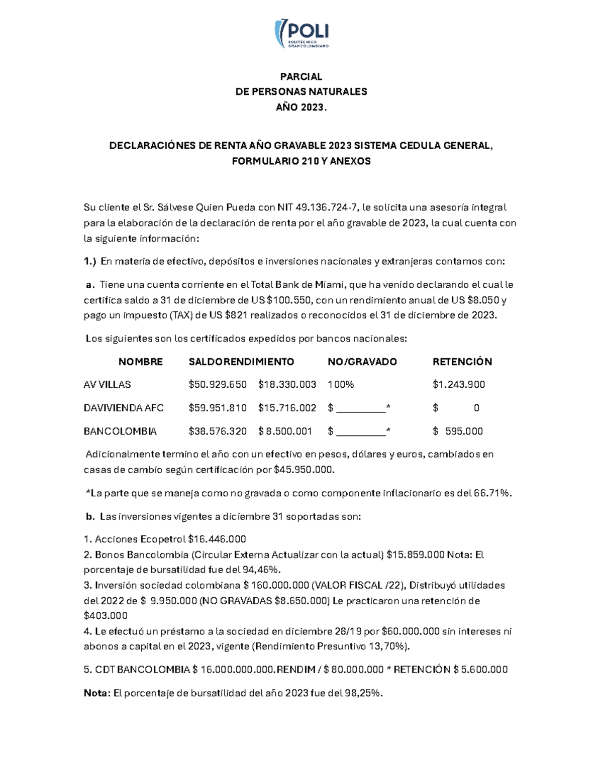 Examen Final: Declaración de Renta Personas Naturales 2023 - Studocu
