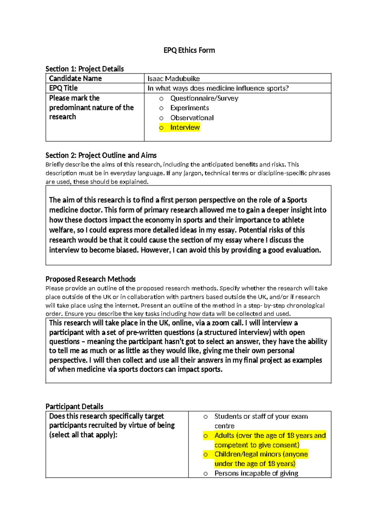 EPQ Ethics Form: Research on Medicine's Influence in Sports - Studocu