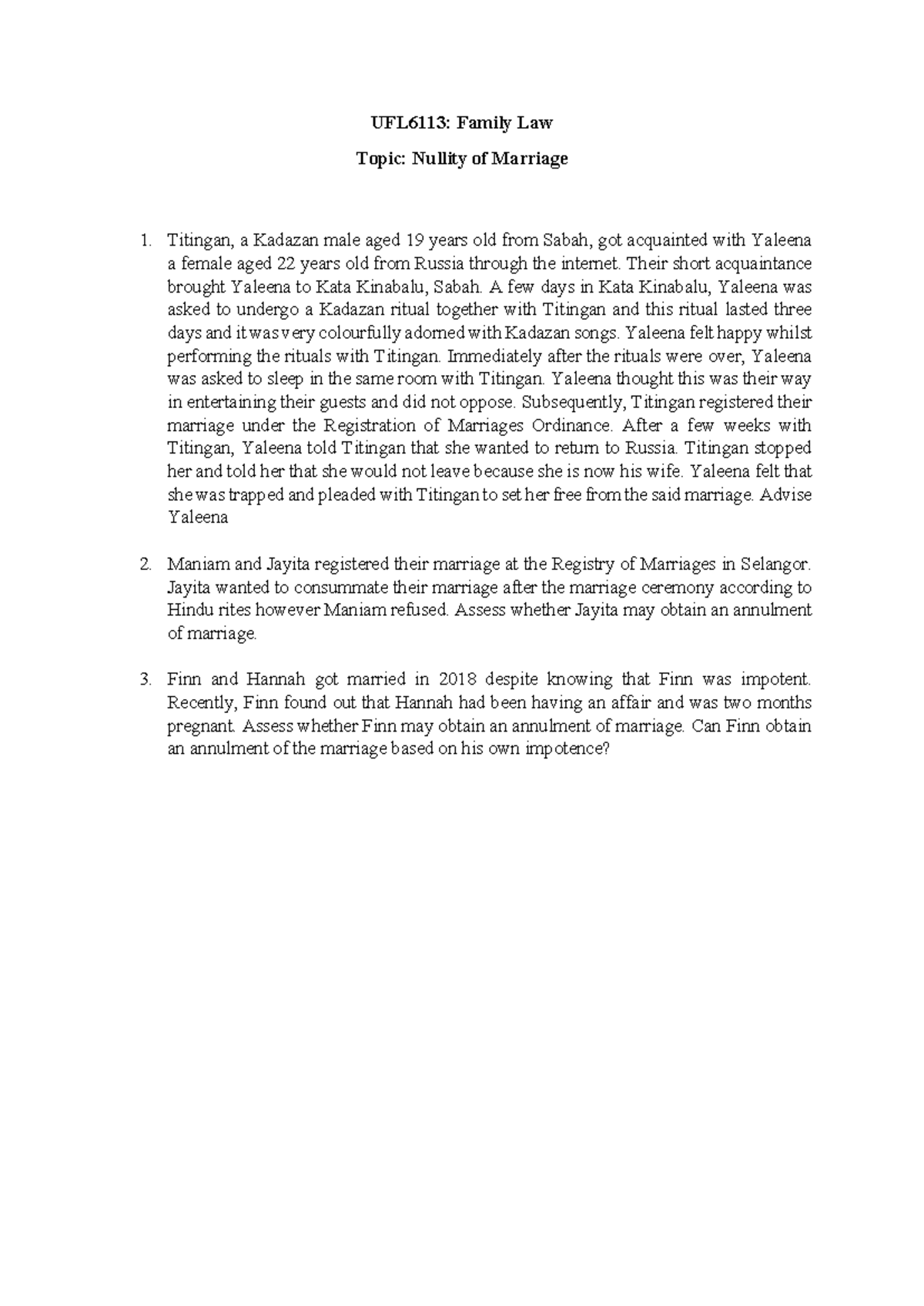 UFL6113: Family Law Tutorial 6 - Nullity of Marriage Cases Analysis ...
