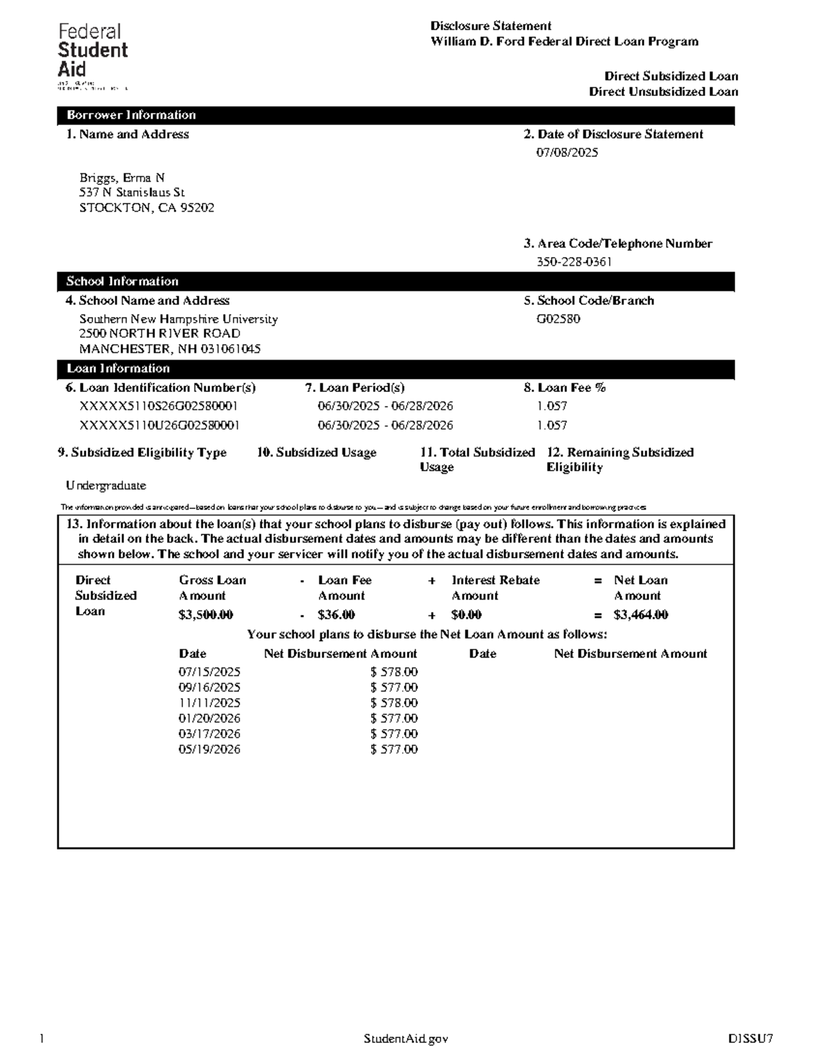 Disclosure Statement for Direct Loans - SNHU G02580 - Studocu