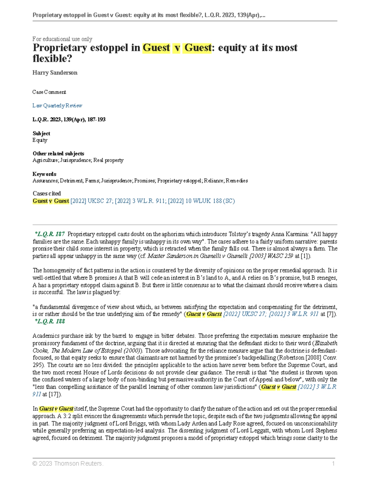 Equity and Proprietary Estoppel in Guest v Guest: A Case Analysis - Studocu